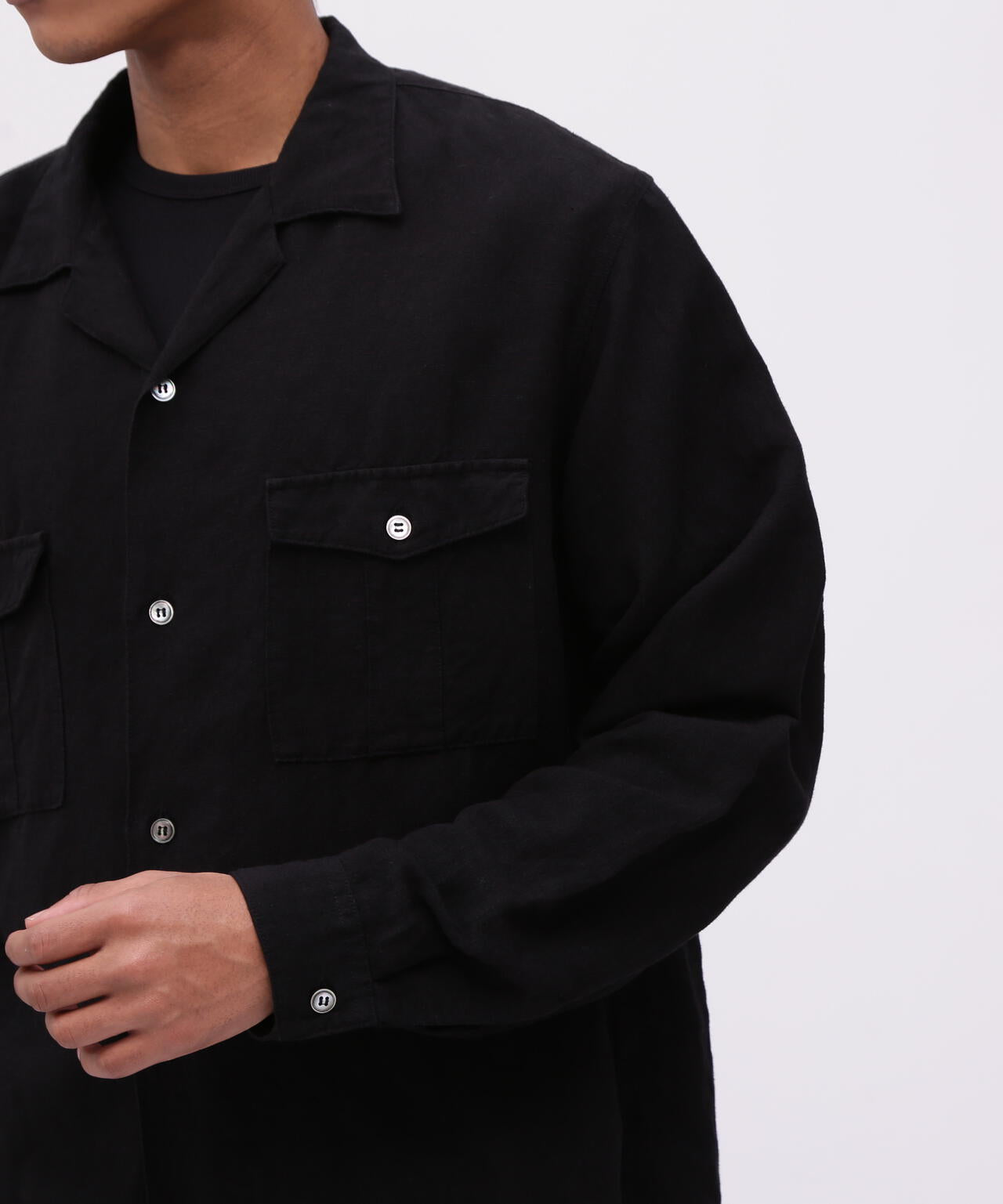 《TFQP by HANDROOM》OPEN COLLAR LONGSLEEVE WORK SHIRT FLAT BLACK / 長袖シャツ