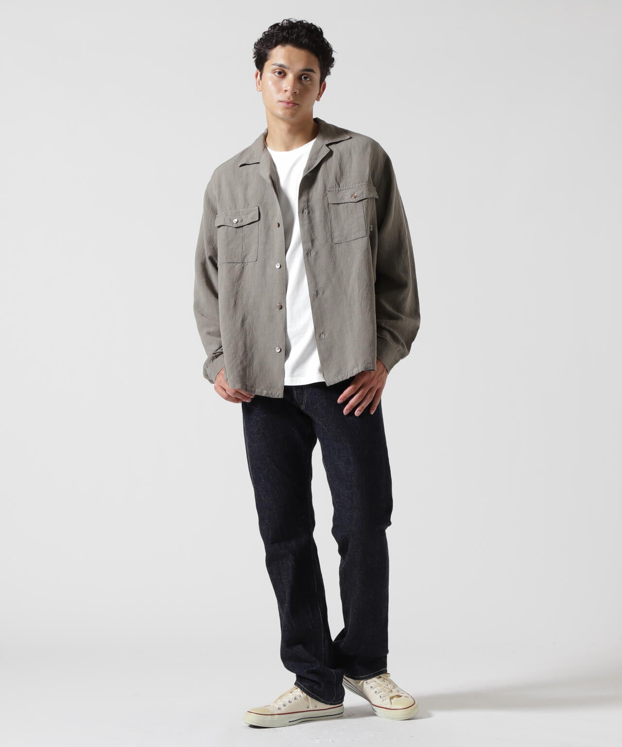《TFQP by HANDROOM》OPEN COLLAR LONGSLEEVE WORK SHIRT FLAT BLACK / 長袖シャツ