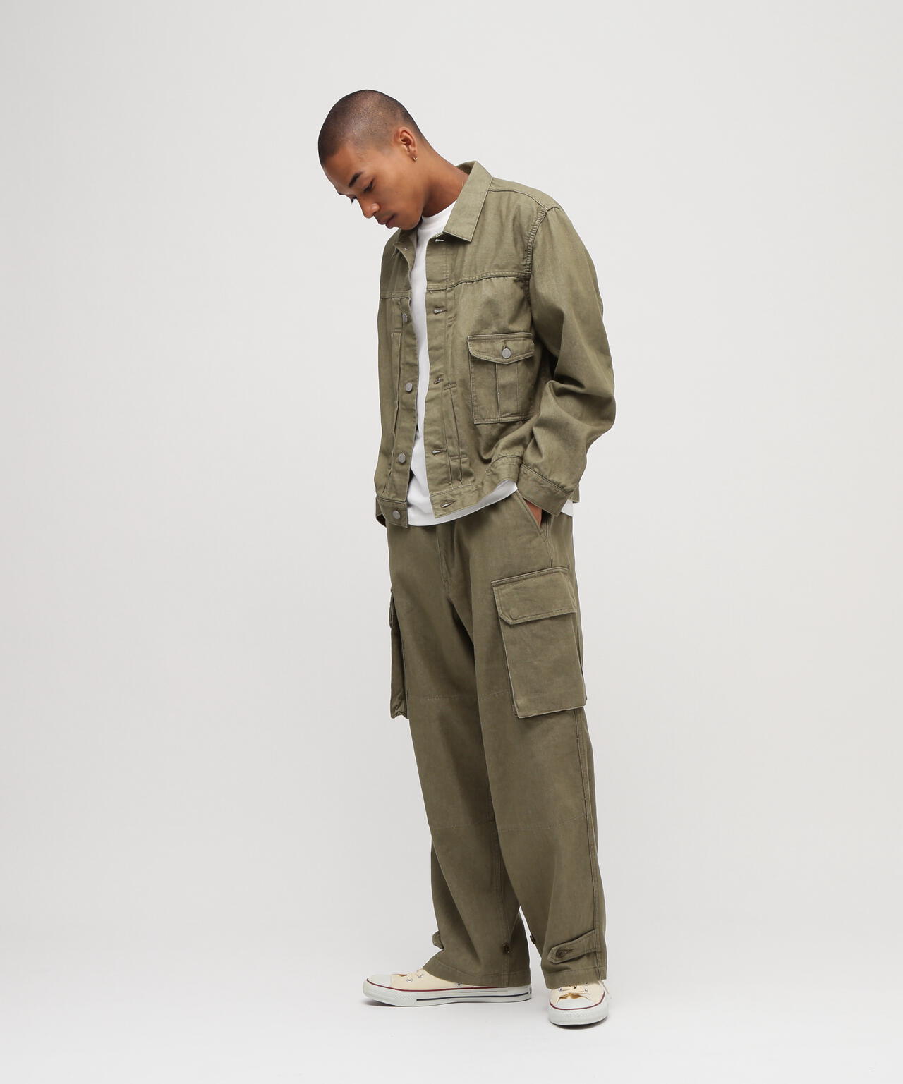 《TFQP by HANDROOM》GREEN SELVEDGE MILITARY DENIM CARGO TROUSERS M-47