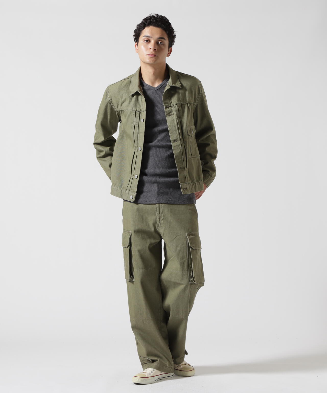 《TFQP by HANDROOM》GREEN SELVEDGE MILITARY DENIM CARGO TROUSERS M-47