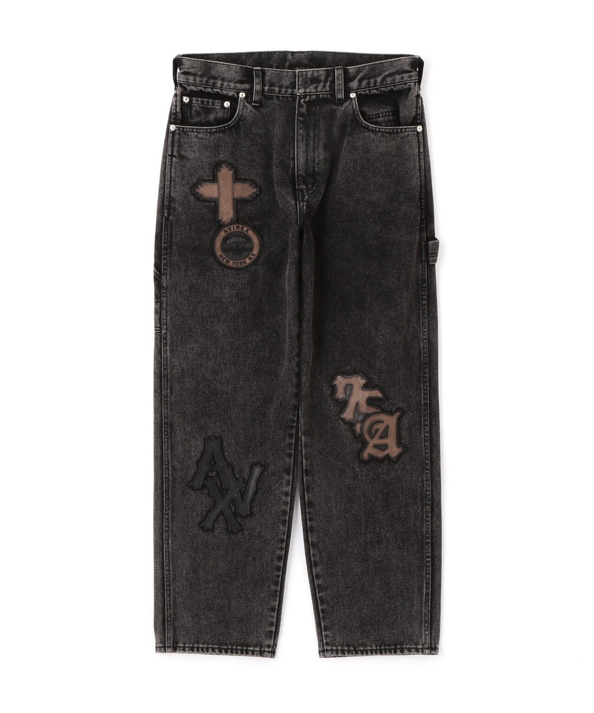 LEATHER PATCH DENIM PANTS