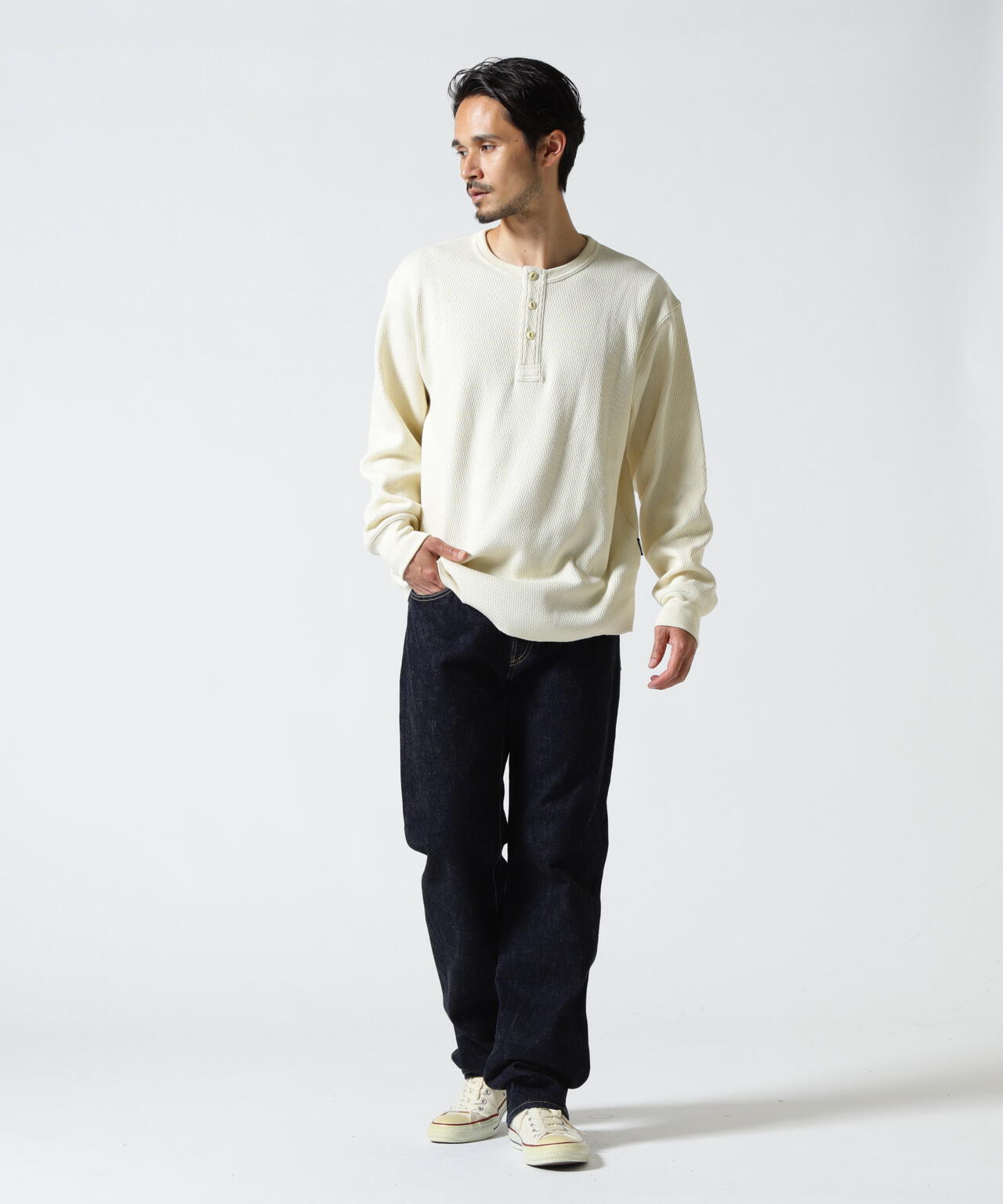 HONEYCOMB WAFFLE L/S HENLEY NECK T-SHIRT