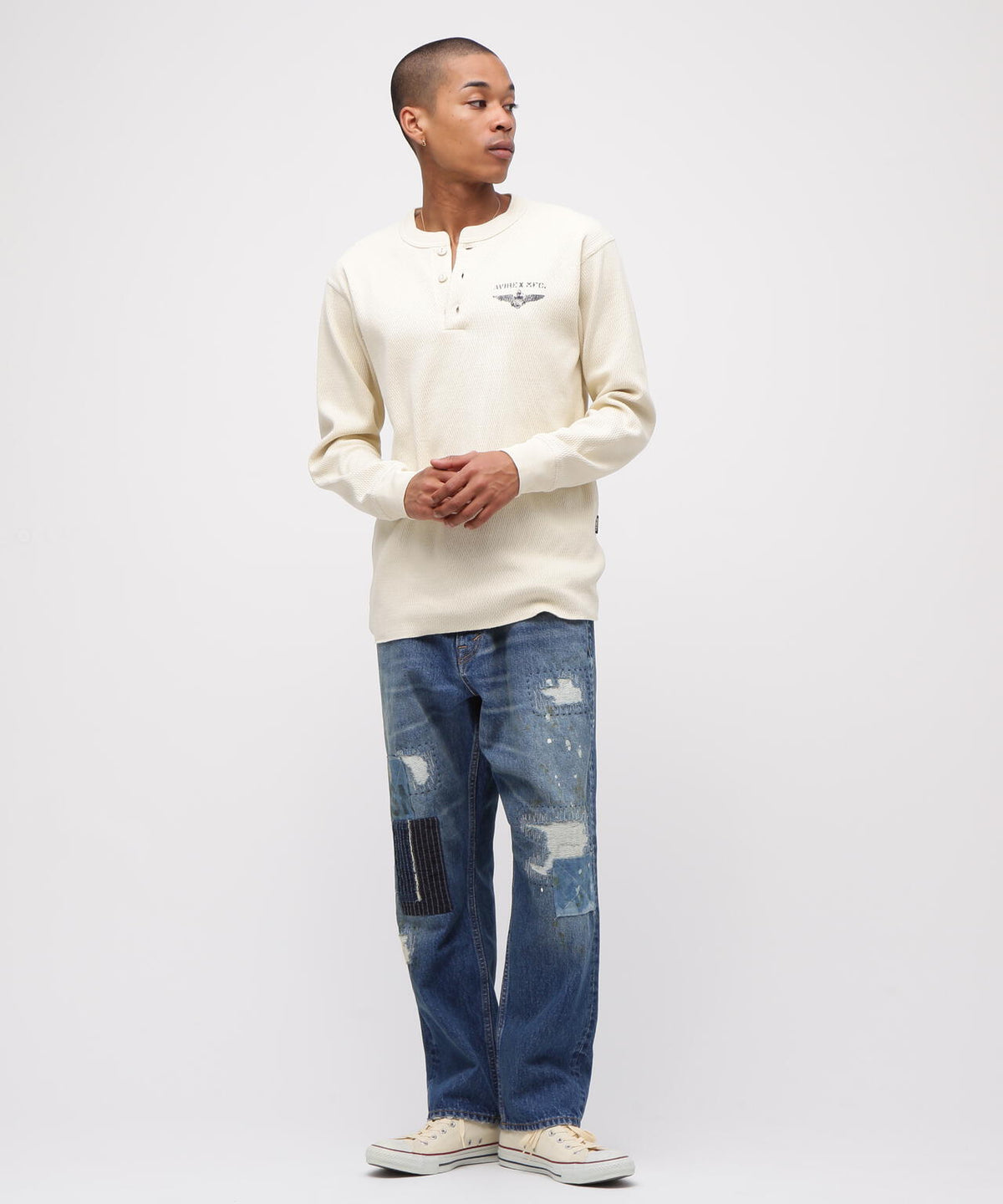 《直営店限定》HONEYCOMB WAFFLE HENLEY NECK NAVAL T-SHIRT