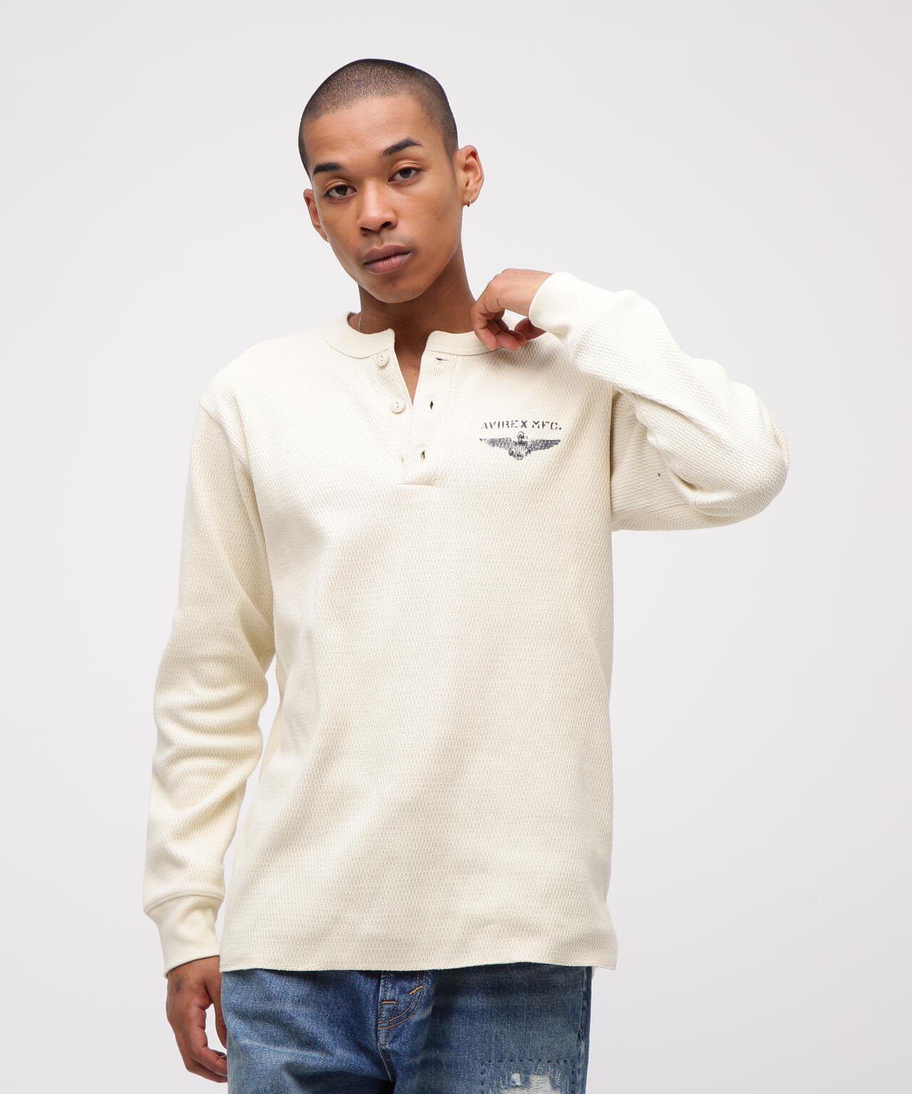《直営店限定》HONEYCOMB WAFFLE HENRY NECK NAVAL T-SHIRT