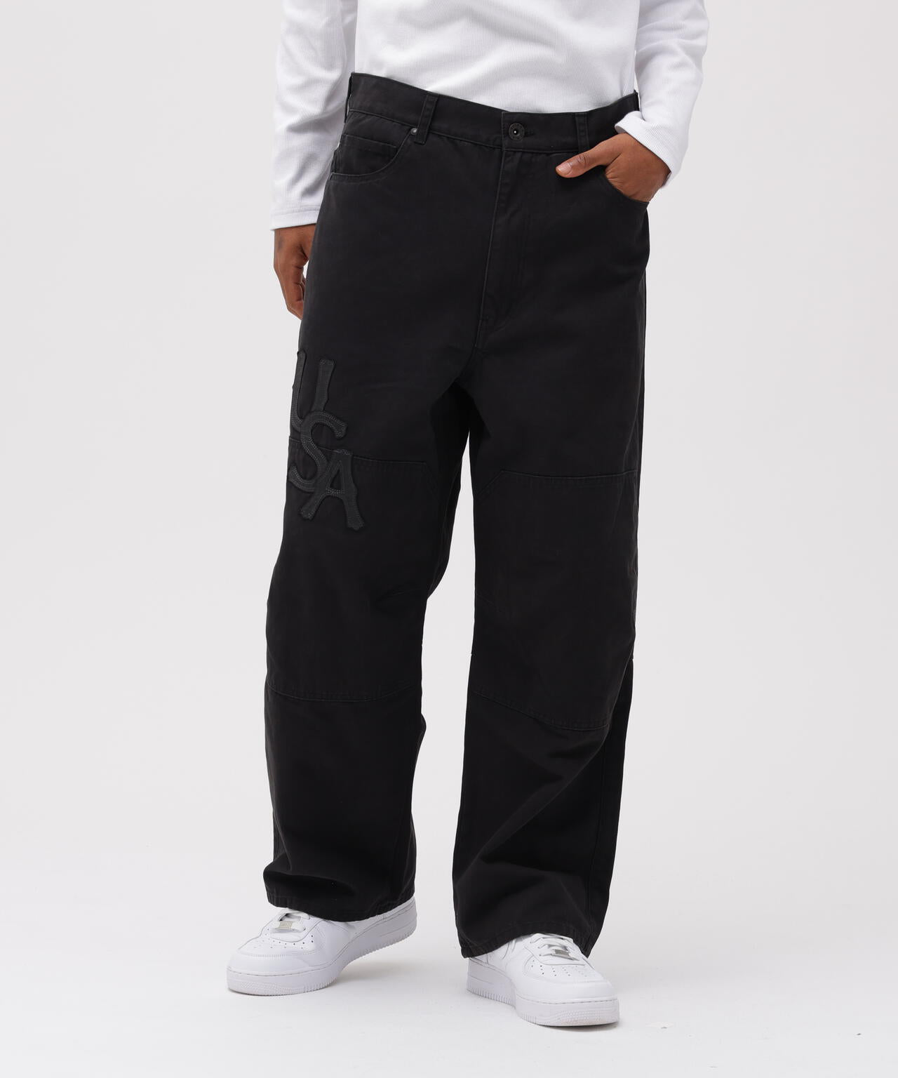 LEATHER PATCH DUCK DOUBLE KNEE PANTS