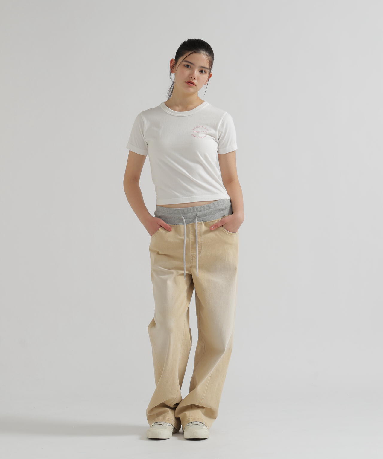 WAIST RIB COLOR BLOCKED DENIM PANTS