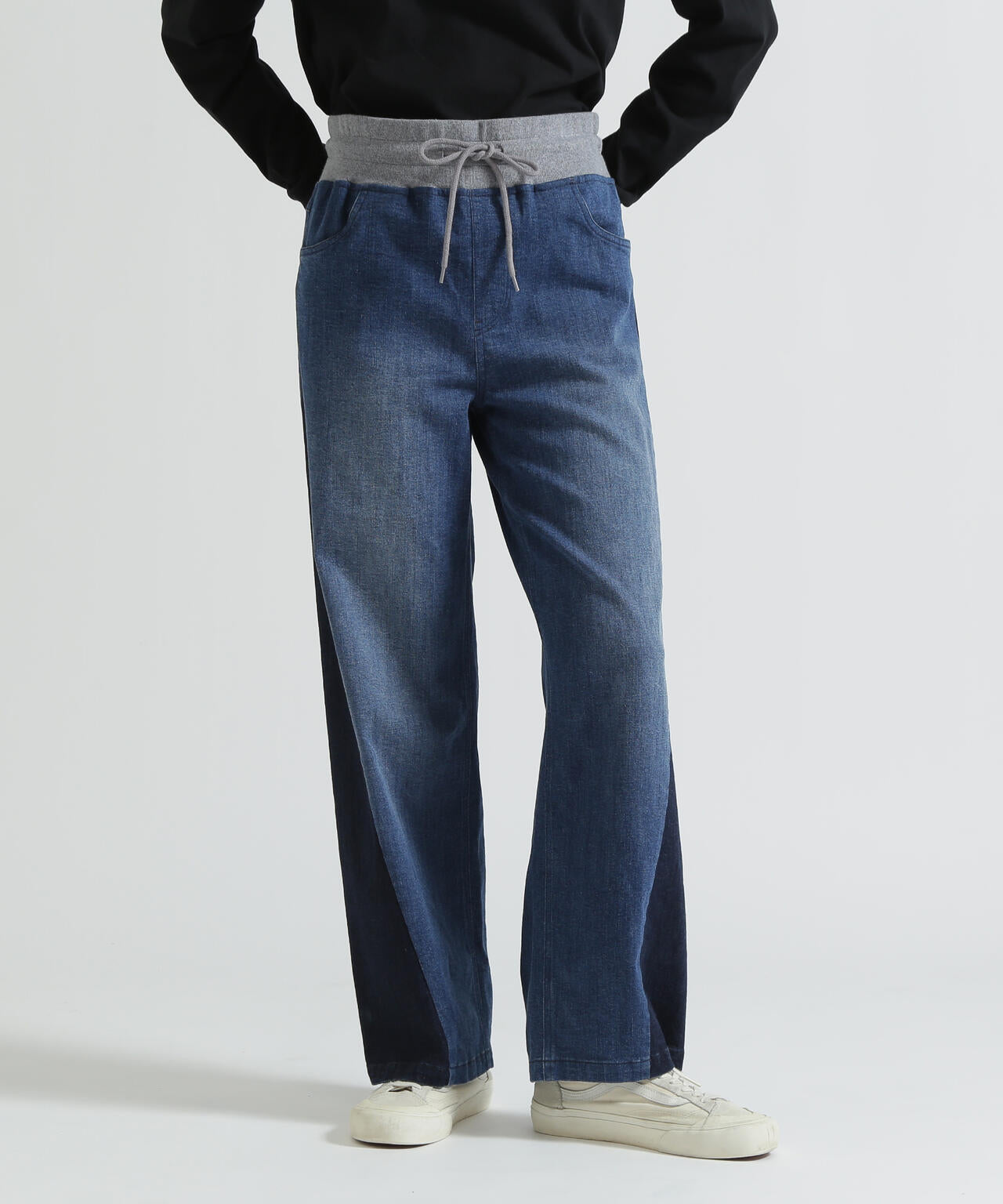 WAIST RIB COLOR BLOCKED DENIM PANTS