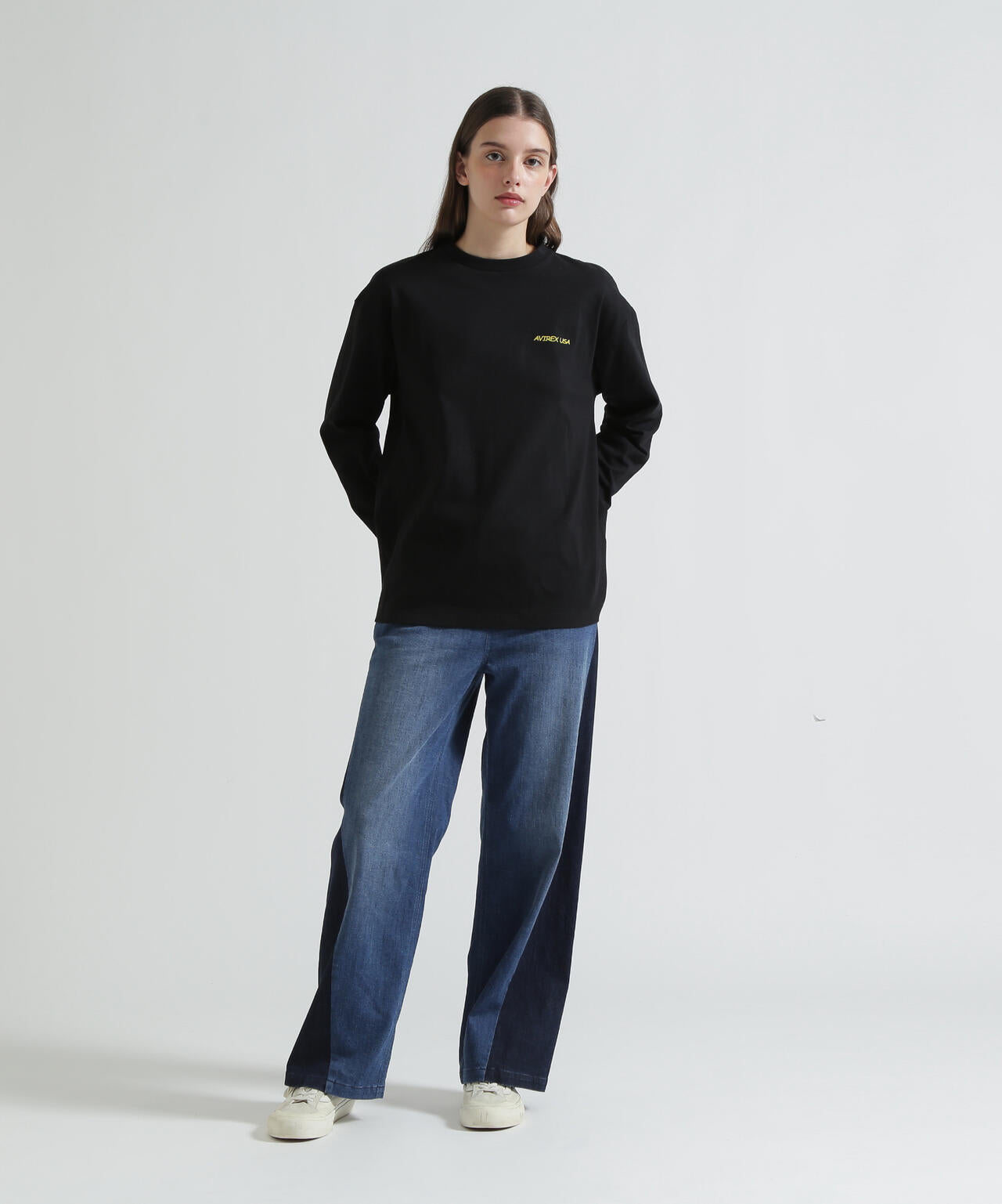 WAIST RIB COLOR BLOCKED DENIM PANTS