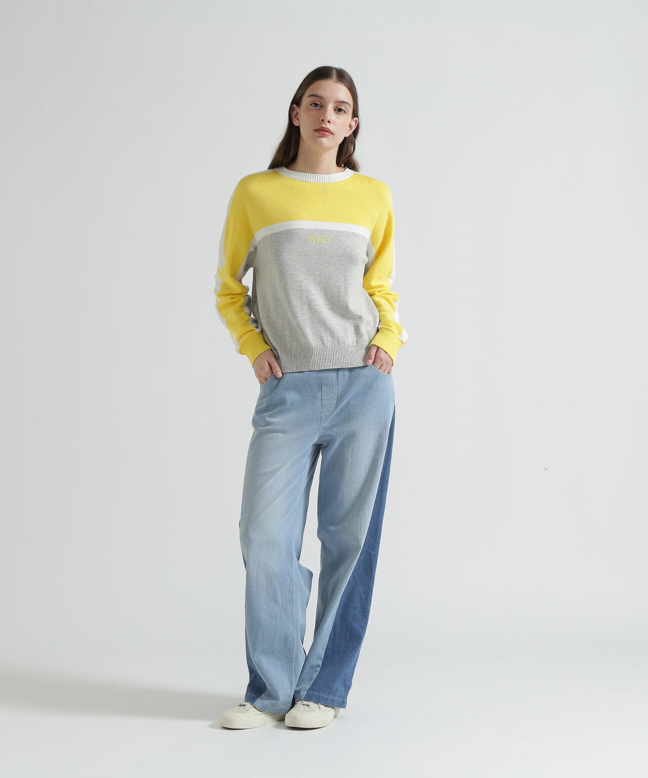 WAIST RIB COLOR BLOCKED DENIM PANTS