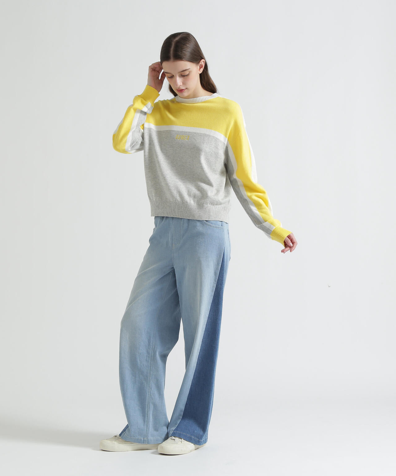 WAIST RIB COLOR BLOCKED DENIM PANTS