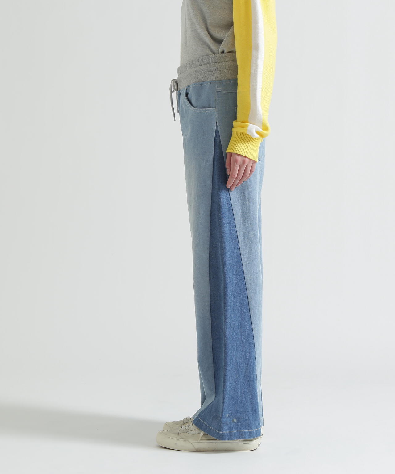 WAIST RIB COLOR BLOCKED DENIM PANTS