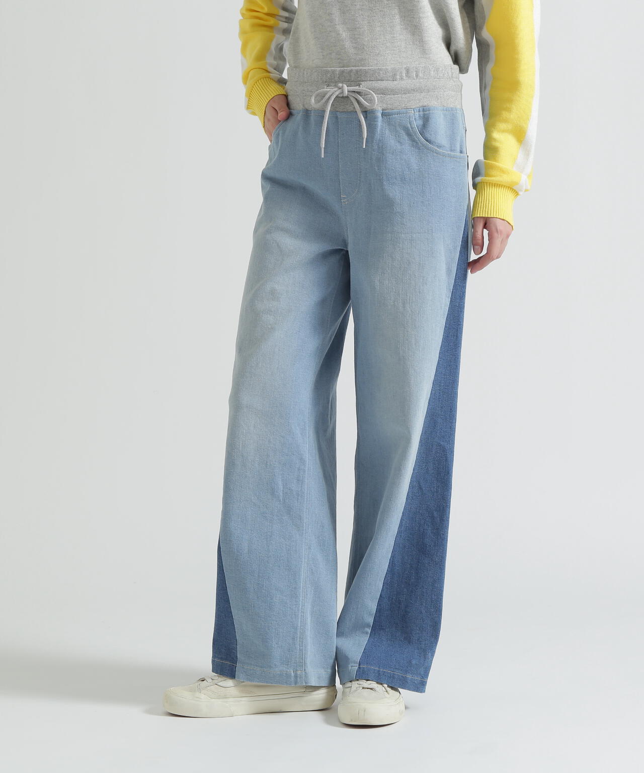 WAIST RIB COLOR BLOCKED DENIM PANTS