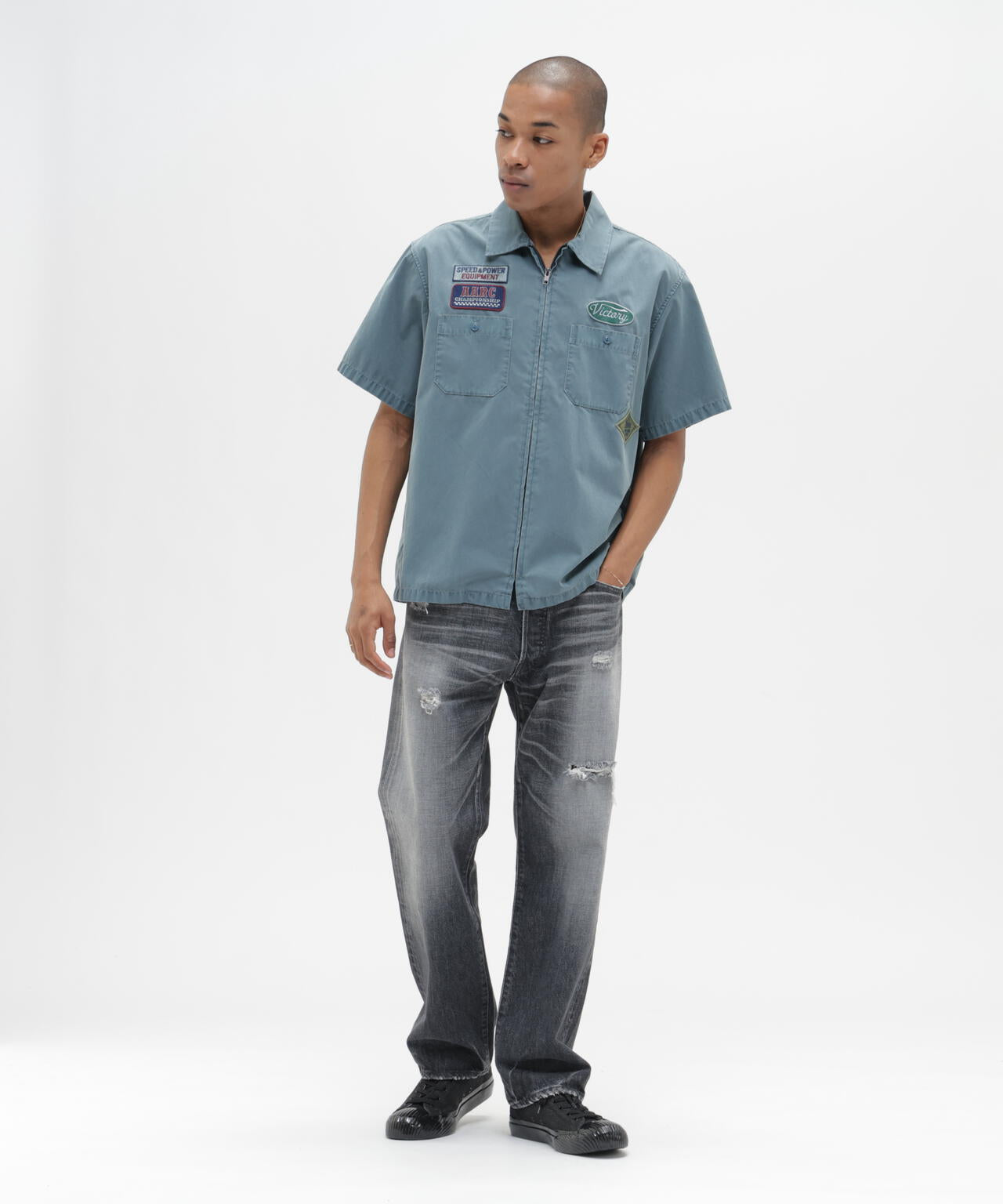 《A.A.R.C》FADED PATCHED S/S ZIP WORK SHIRT