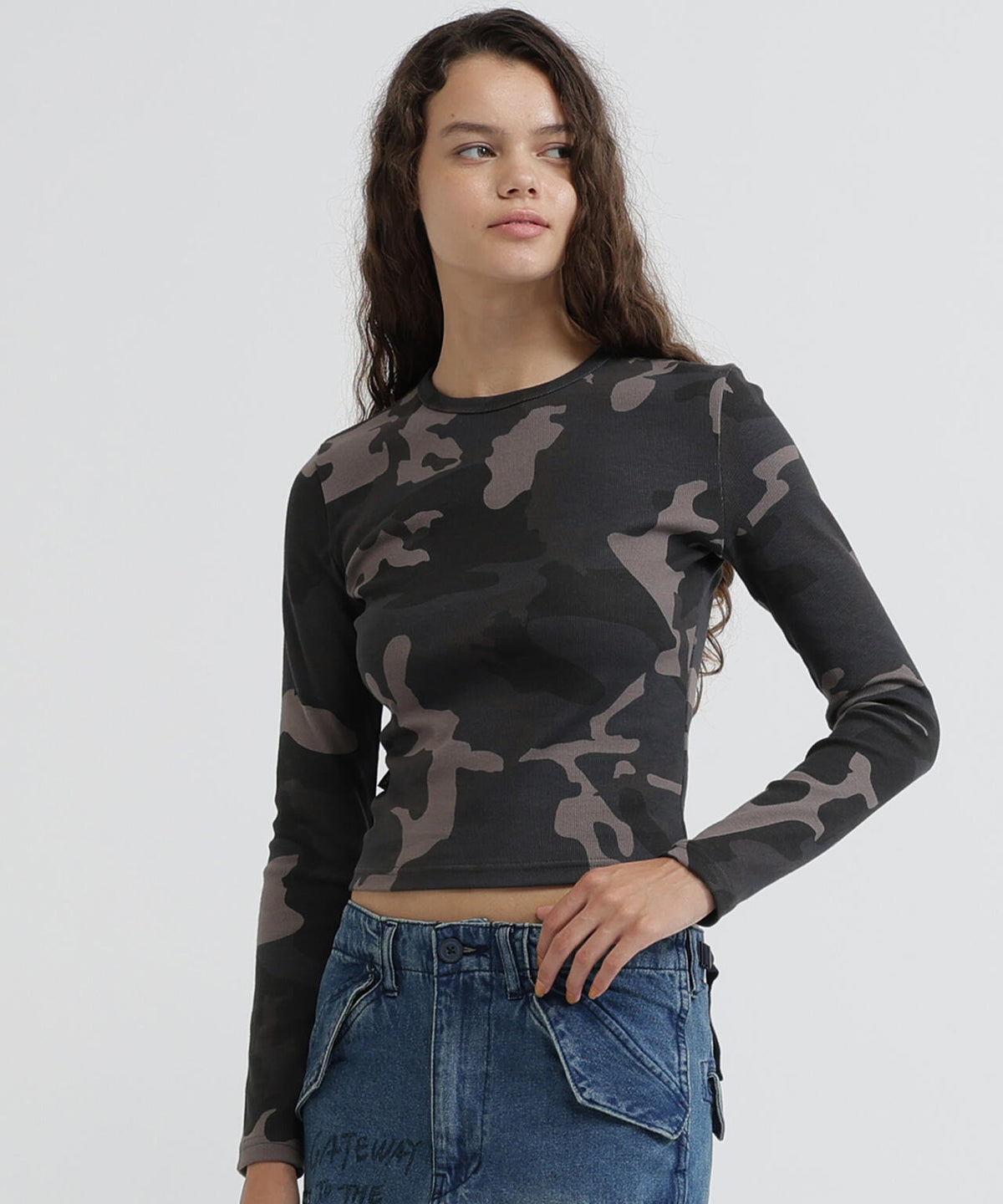 《WEB限定/DAILY/デイリー/WOMAN》RIB CAMO L/S CREW NECK T-SHIRT