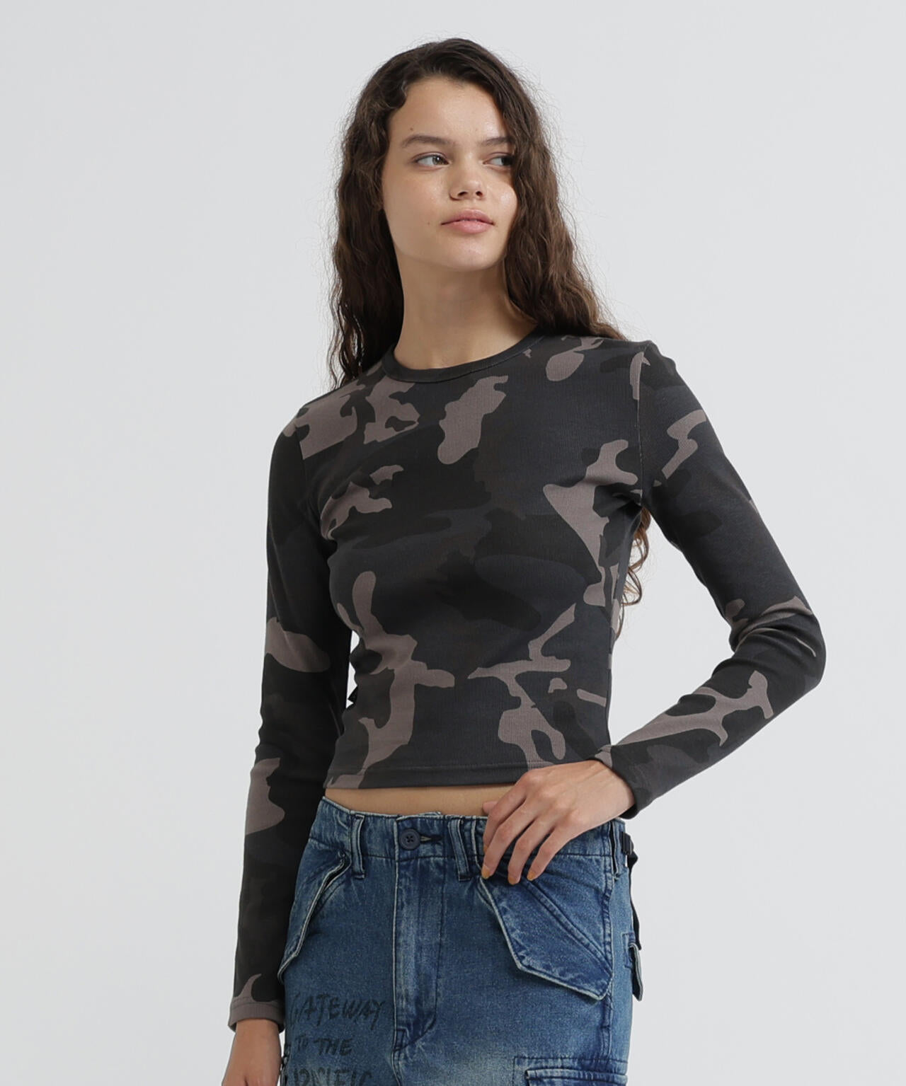 《WEB限定/DAILY/デイリー/WOMAN》RIB CAMO L/S CREW NECK T-SHIRT