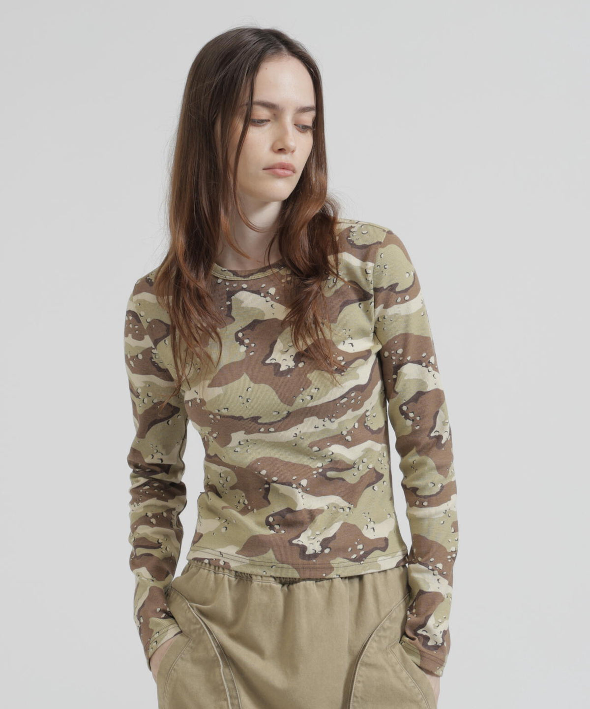 《WEB限定/DAILY/デイリー/WOMAN》RIB CAMO L/S CREW NECK T-SHIRT