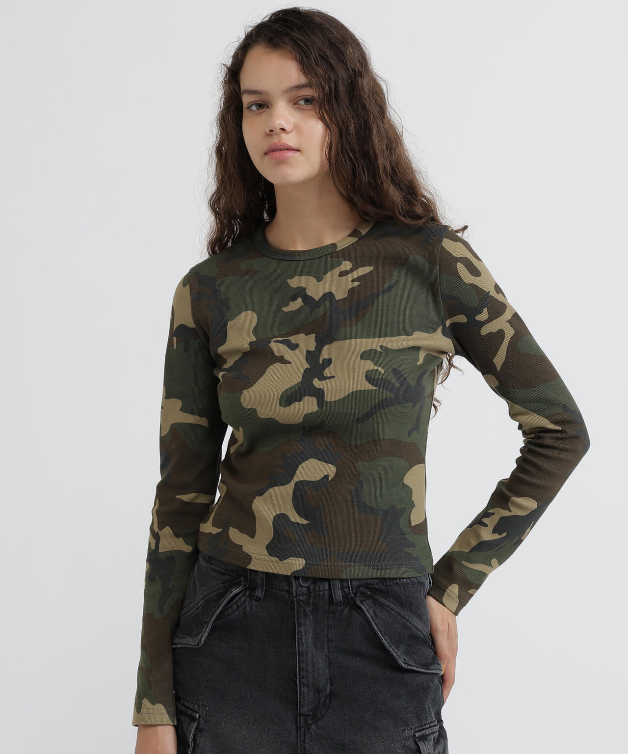 《WEB限定/DAILY/デイリー/WOMAN》RIB CAMO L/S CREW NECK T-SHIRT
