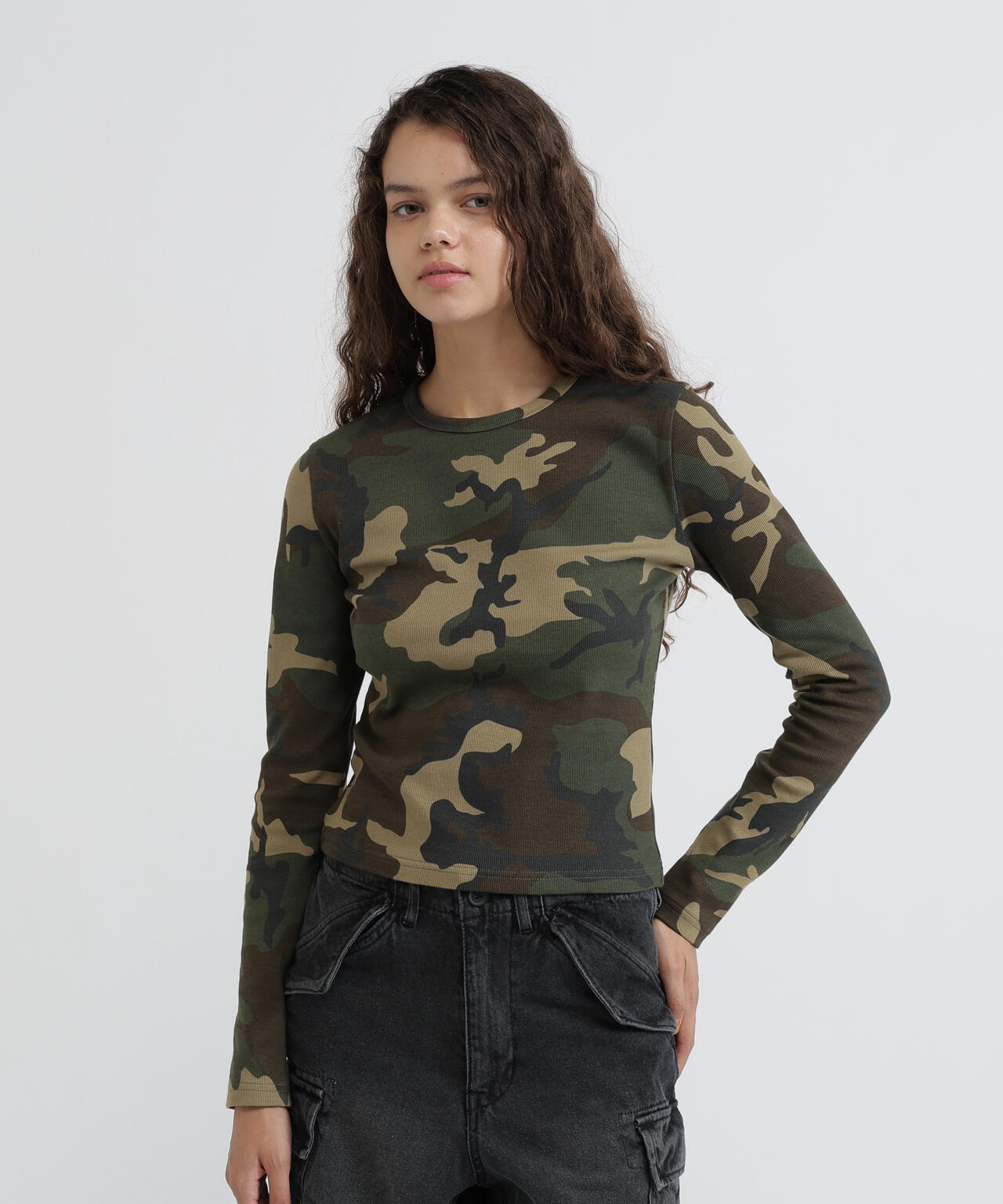 《WEB限定/DAILY/デイリー/WOMAN》RIB CAMO L/S CREW NECK T-SHIRT