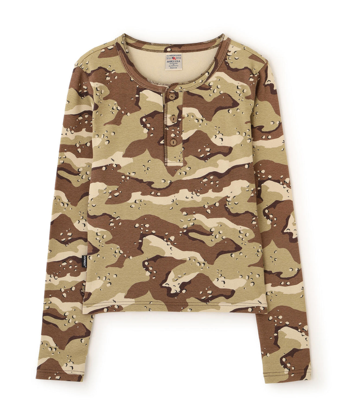 《WEB限定/DAILY/デイリー/WOMAN》RIB CAMO L/S HENLEY NECK T-SHIRT