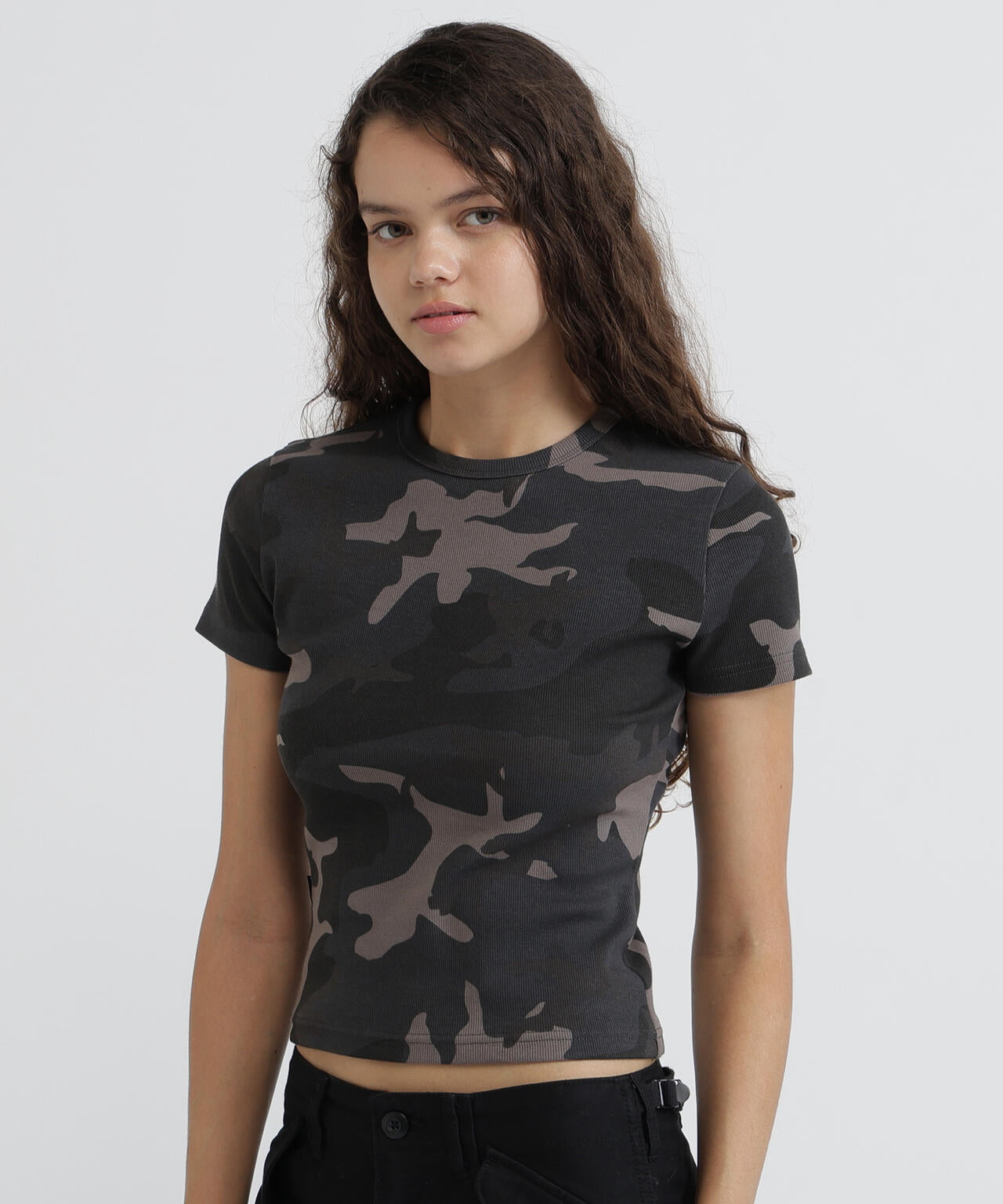 《WEB限定/DAILY/デイリー/WOMAN》 RIB CAMO S/S CREW NECK T-SHIRT