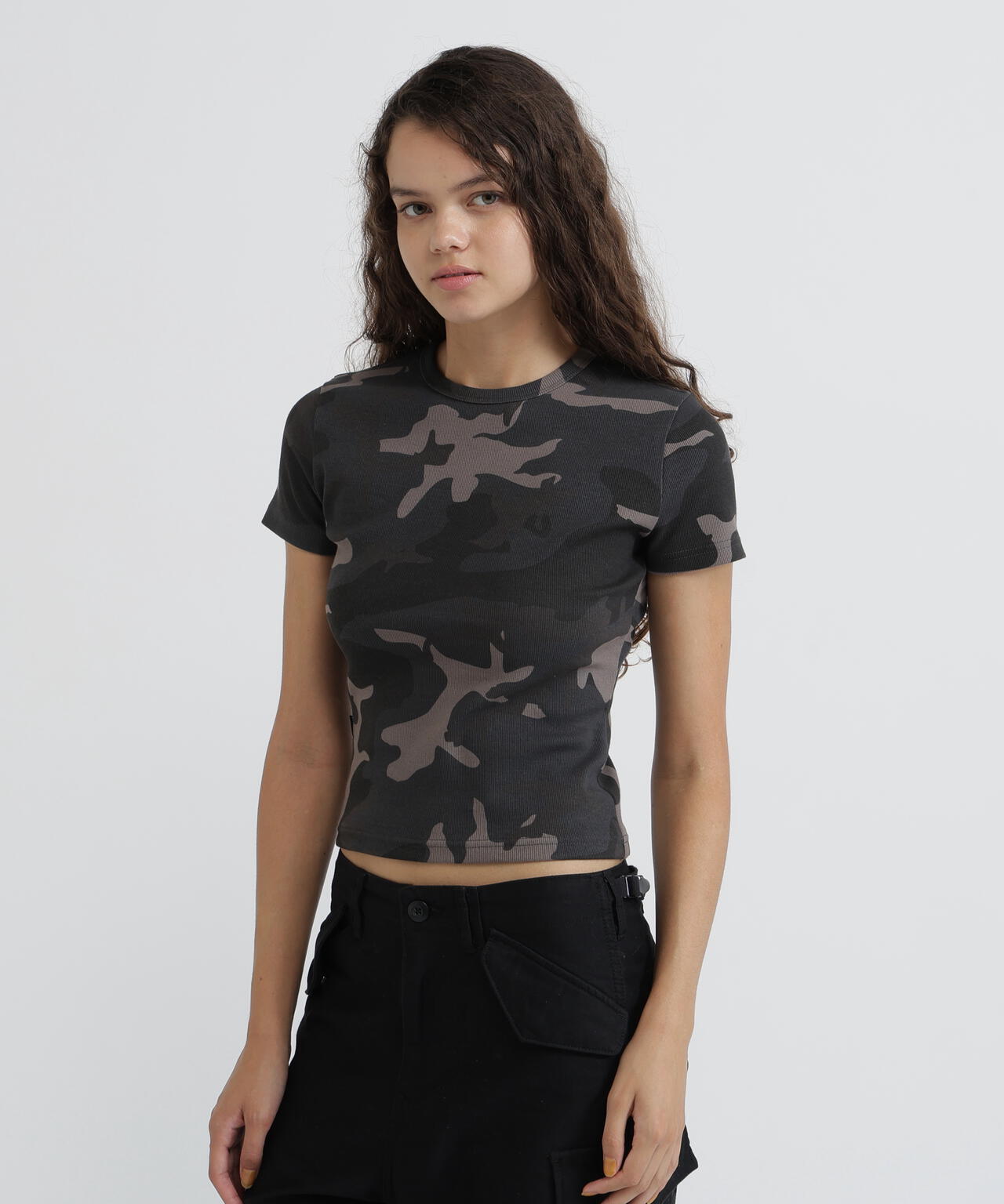 《WEB限定/DAILY/デイリー/WOMAN》 RIB CAMO S/S CREW NECK T-SHIRT