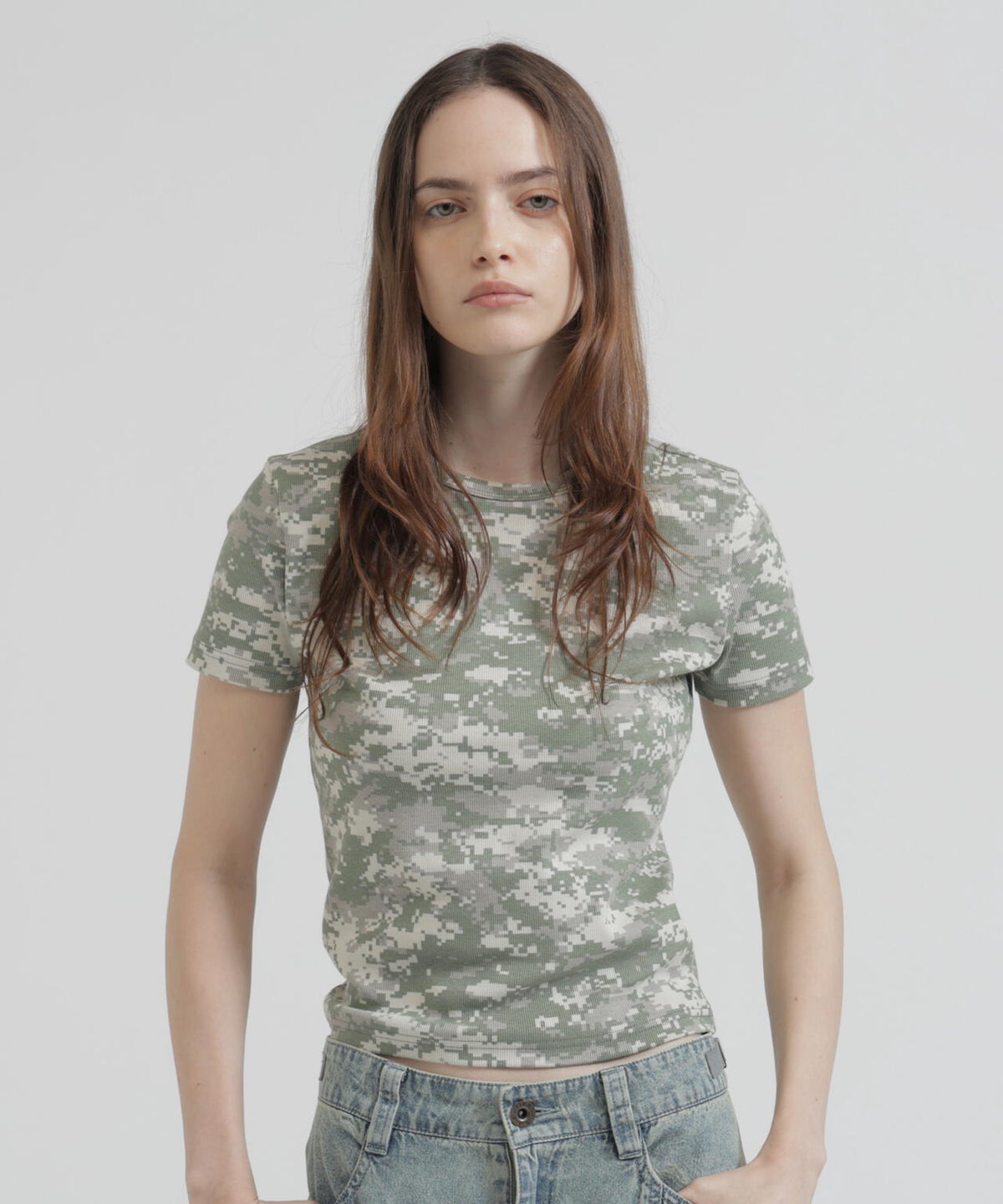 《WEB限定/DAILY/デイリー/WOMAN》 RIB CAMO S/S CREW NECK T-SHIRT
