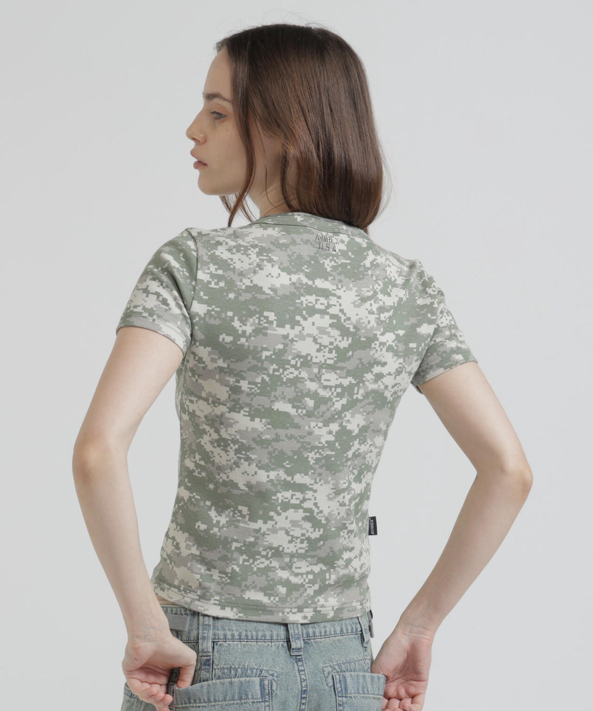 《WEB限定/DAILY/デイリー/WOMAN》RIB CAMO S/S HENLEY NECK T-SHIRT