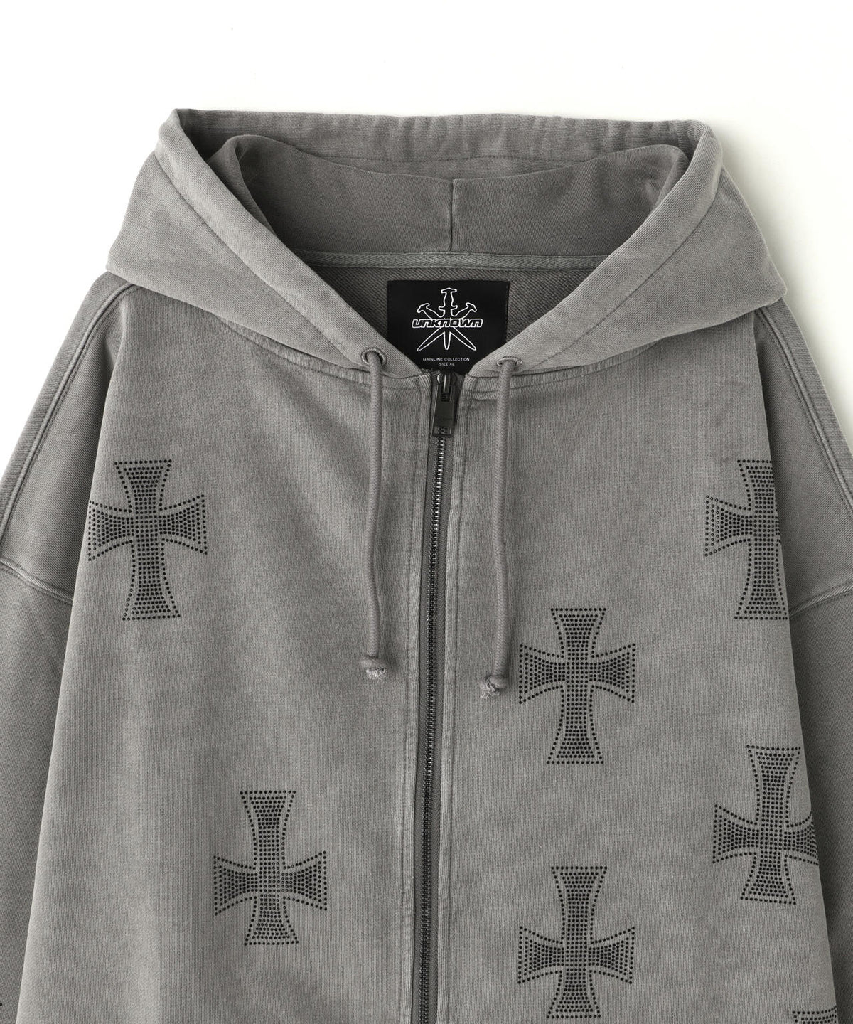 UNKNOWNLONDON/アンノウンロンドン/WASH GREY×BLACK CROSS ZIP HOODIE