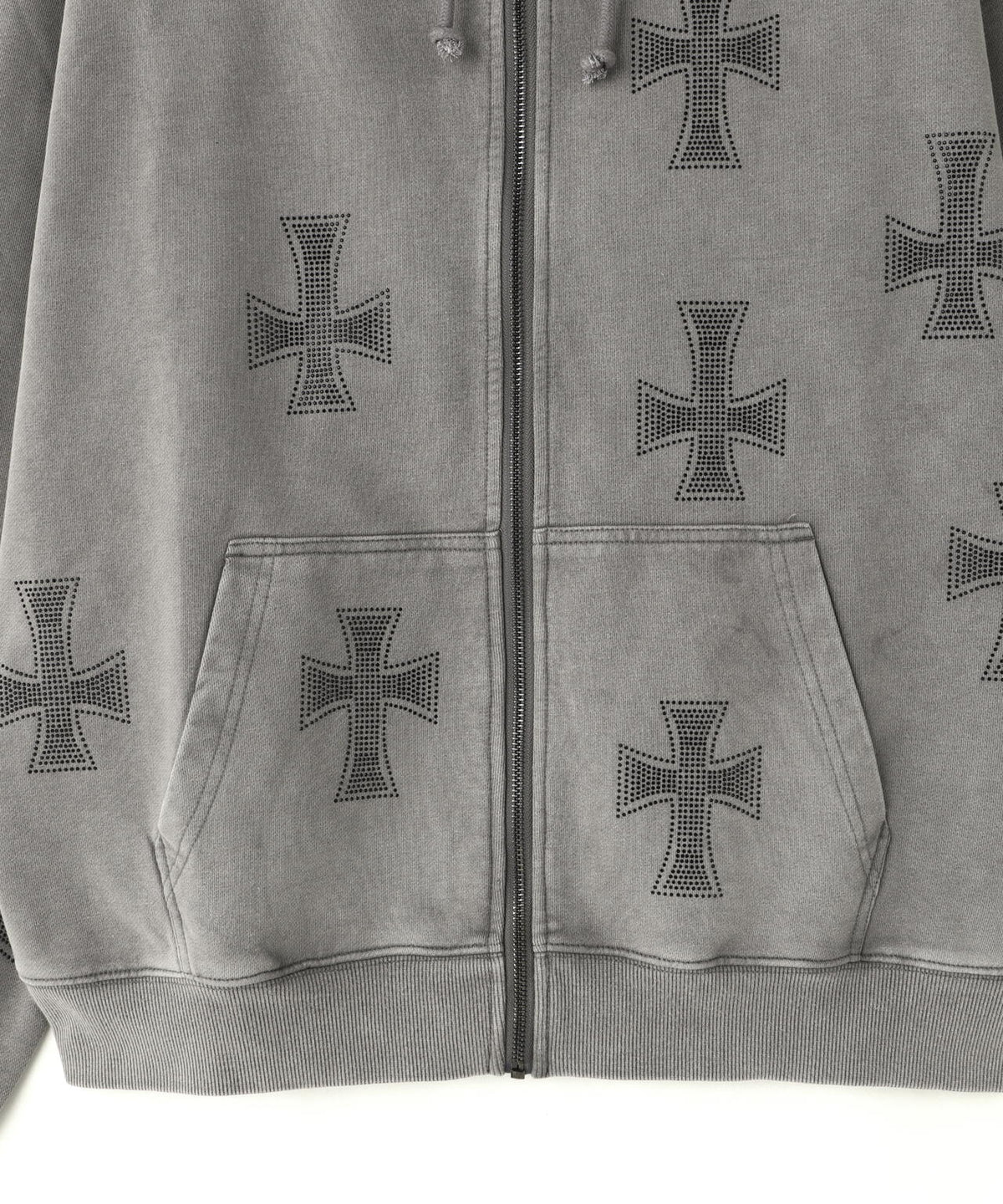 UNKNOWNLONDON/アンノウンロンドン/WASH GREY×BLACK CROSS ZIP HOODIE