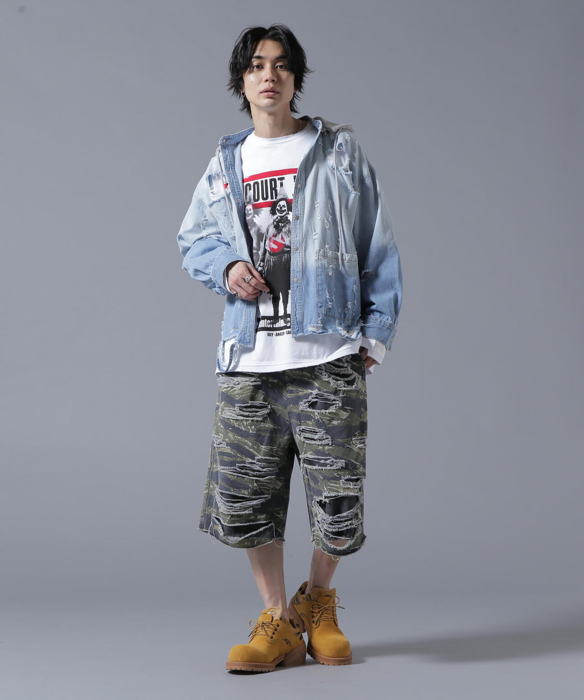DankeSchon/ダンケシェーン/LAYER RIPSTOP CAMO & DENIM SHORTS