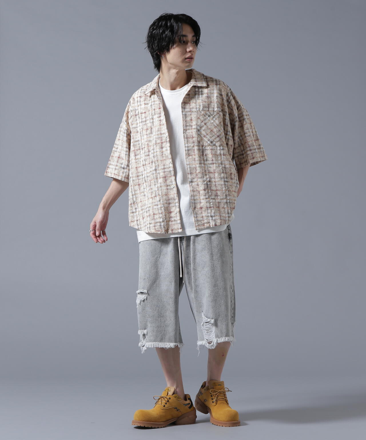 【WEB&DEPOT限定】DankeSchon/ダンケシェーン/BLEACH CHECK OPEN COLLER SHIRTS
