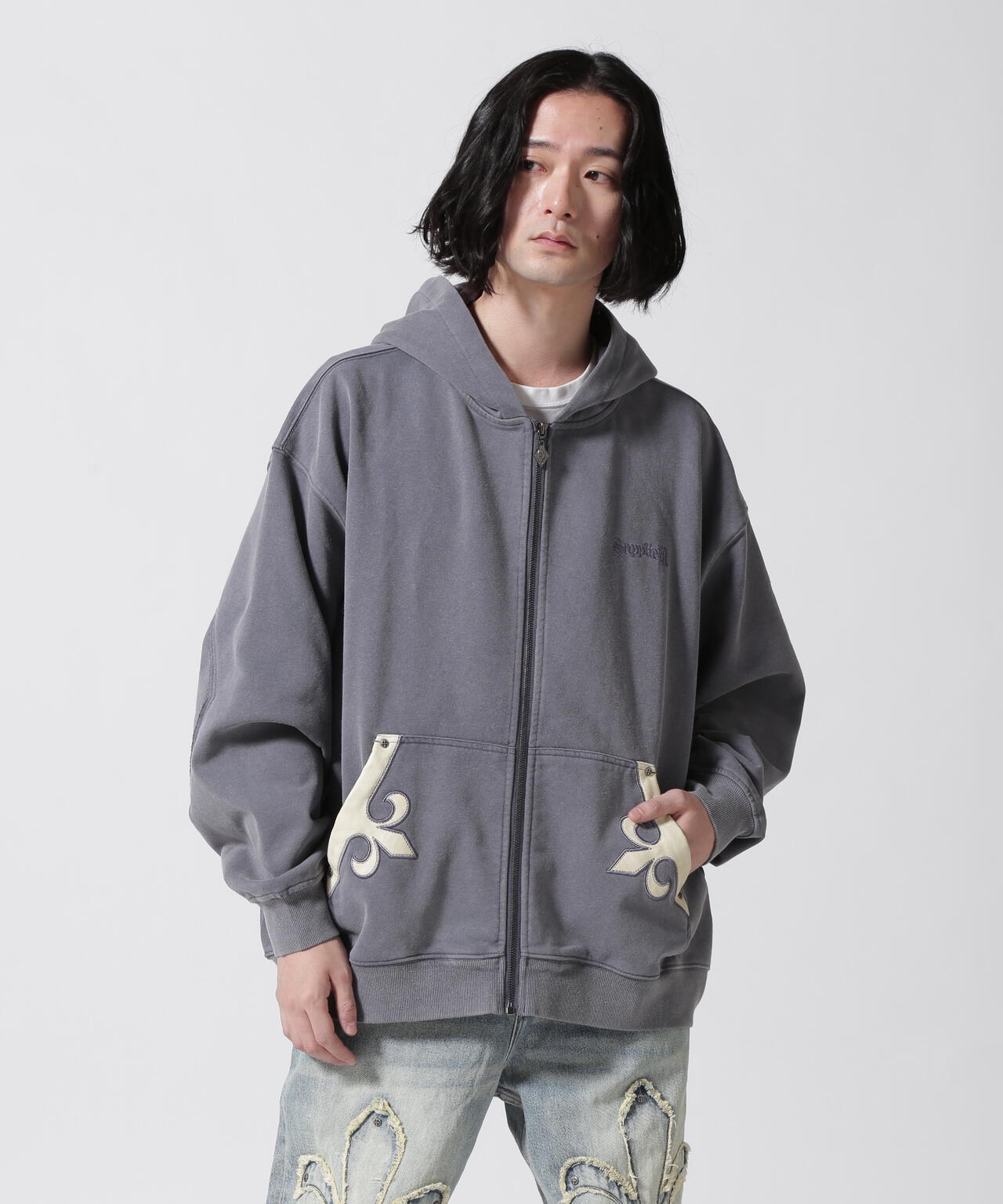 SUPPLIER/【LHP EXCLUSIVE】FLEUR LEATHER PATCH ZIP HOODIE