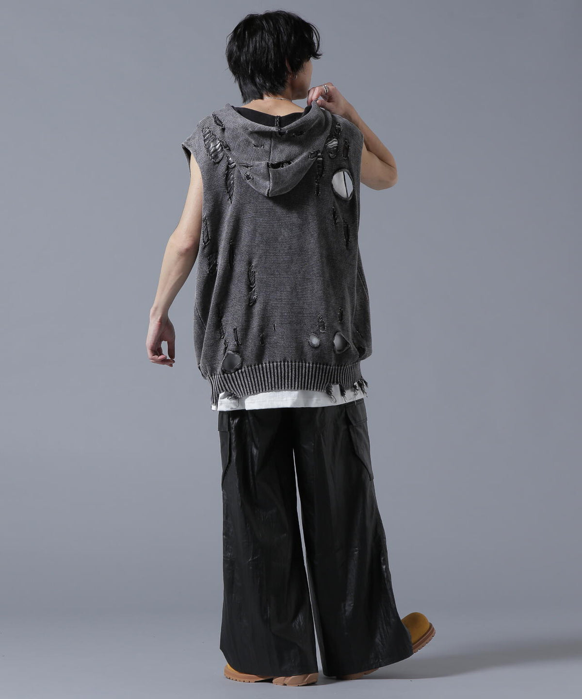 DankeSchon/ダンケシェーン/PIGMENT DAMAGE KNIT NOSLEEVE HOODIE