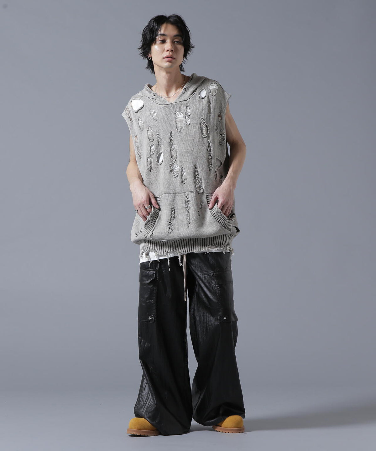DankeSchon/ダンケシェーン/PIGMENT DAMAGE KNIT NOSLEEVE HOODIE