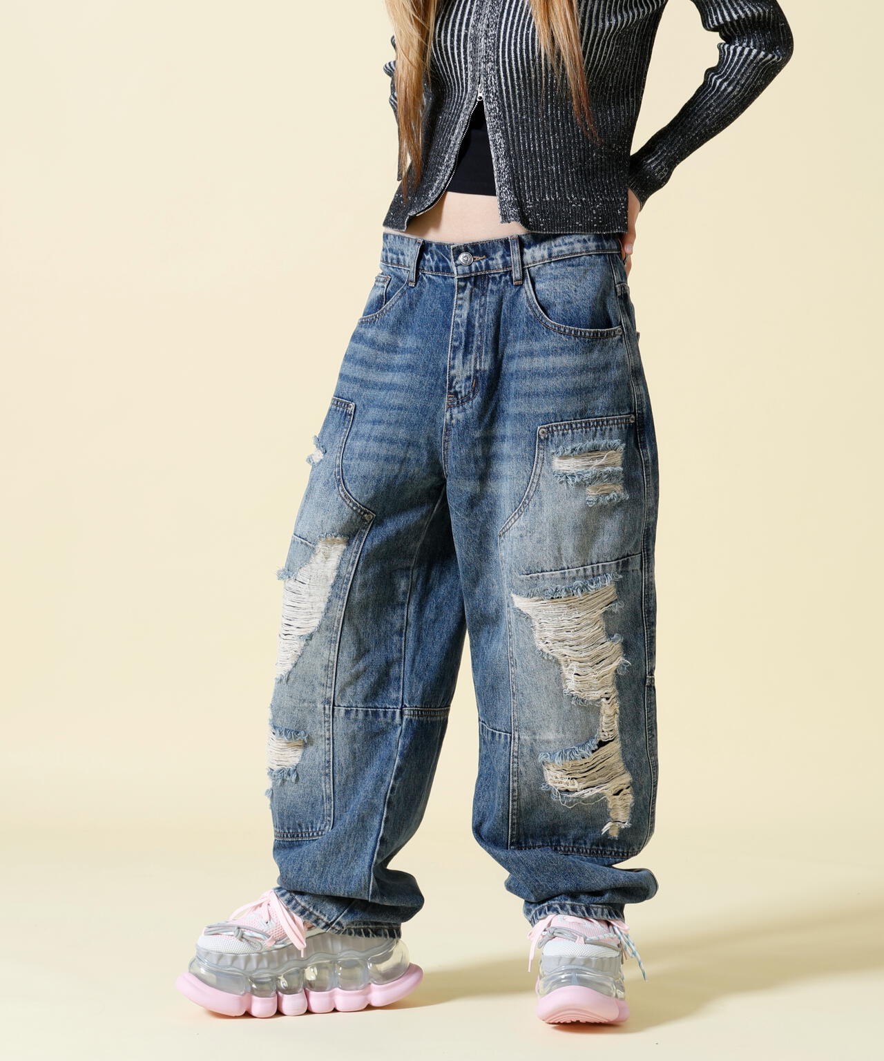 SIS/エスアイエス/Double Knee Damage Denim Pants