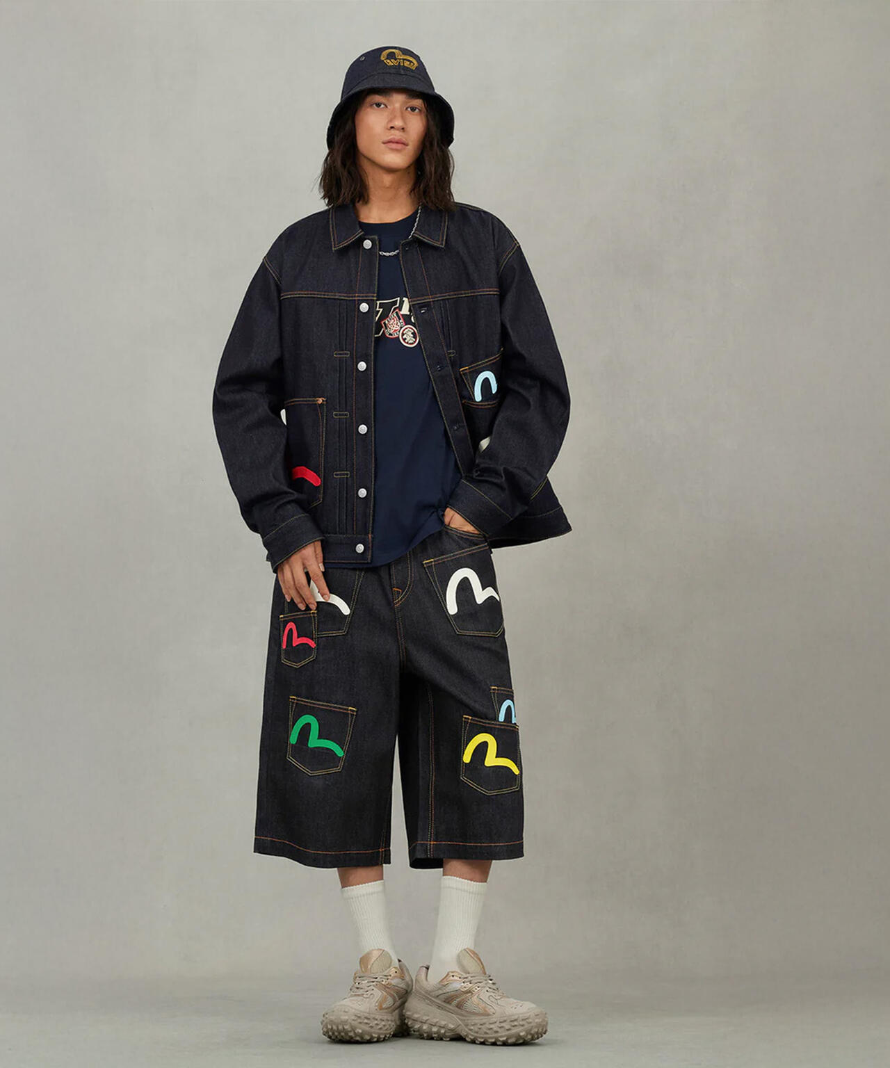 EVISU/エヴィス/Seagull Print and Multi-Pocket Fashion Fit Denim Shorts