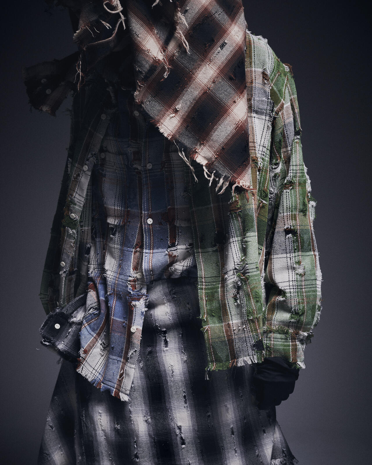 DankeSchon/ダンケシェーン/DAMAGE CAMO CHECK L/S SHIRTS