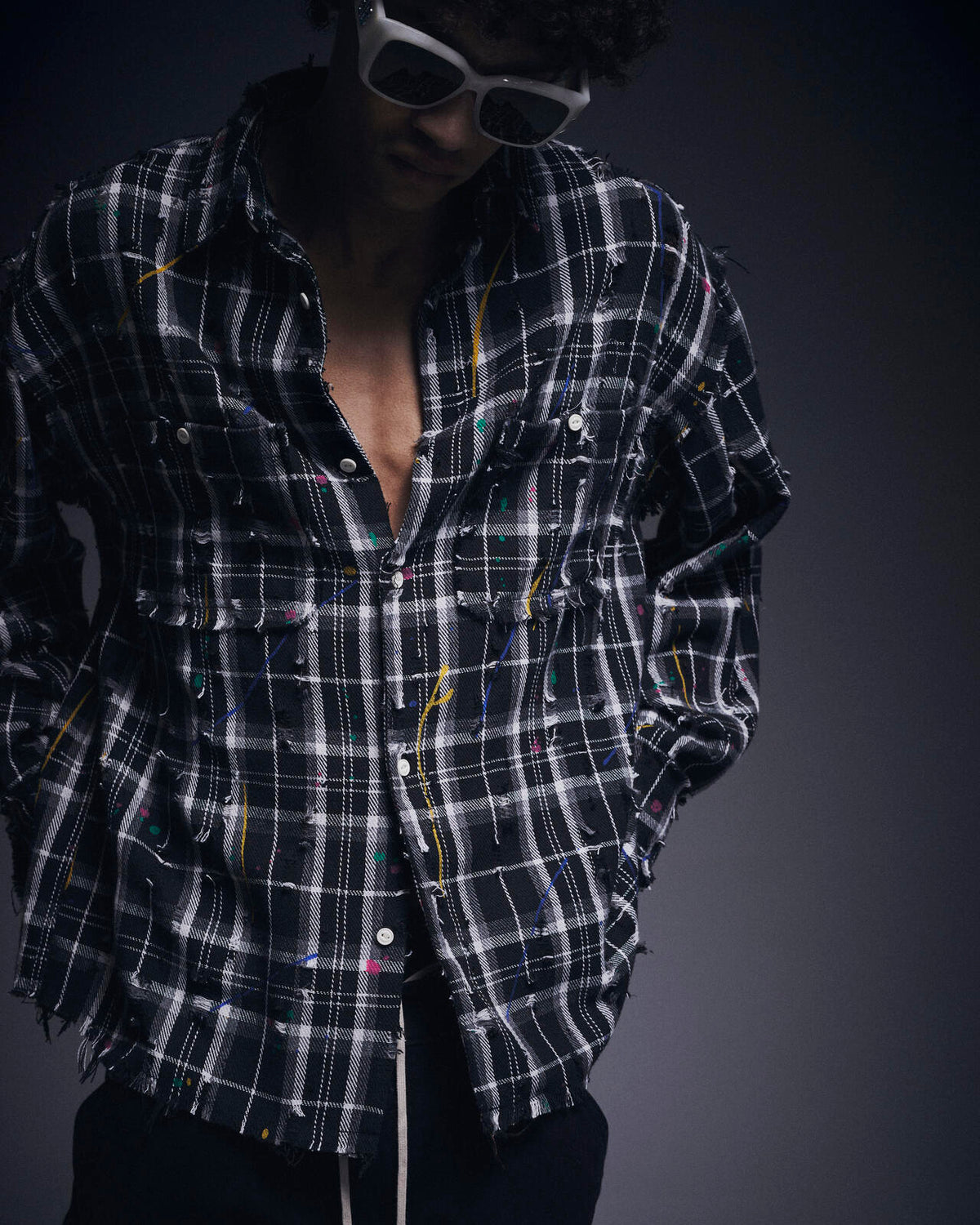 DankeSchon/ダンケシェーン/DAMAGE PAINT CHECK L/S SHIRTS