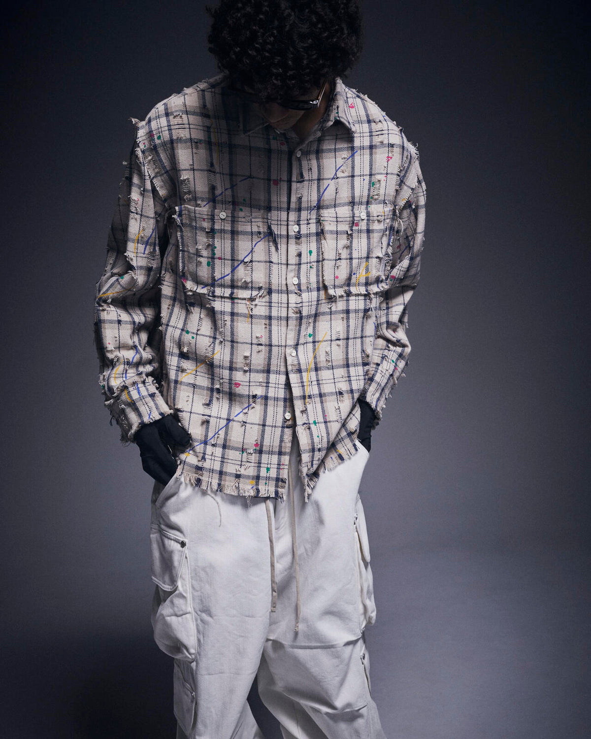 DankeSchon/ダンケシェーン/DAMAGE PAINT CHECK L/S SHIRTS
