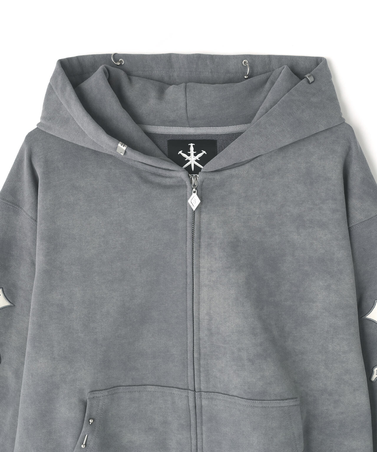 UNKNOWNLONDON/アンノウンロンドン/Dagger Cross Leather Patch Zip Hoodie