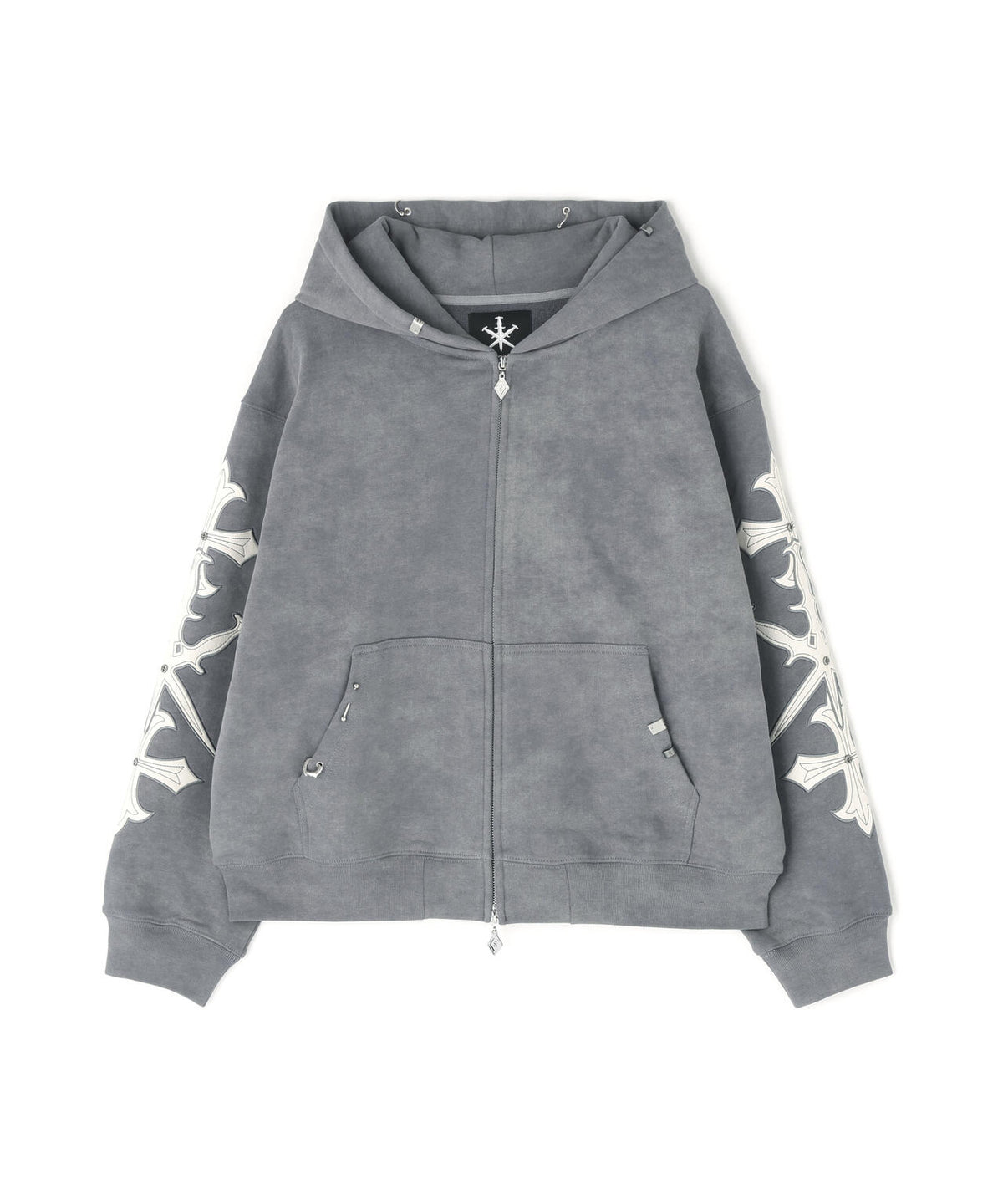 UNKNOWNLONDON/アンノウンロンドン/Dagger Cross Leather Patch Zip Hoodie