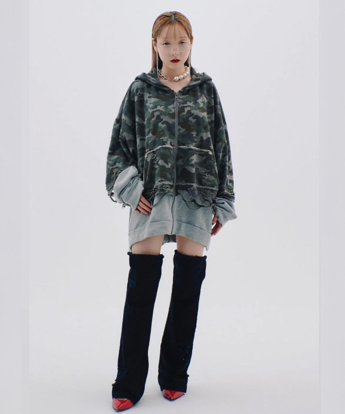 neith./ネイス/Layered Crush Hoodie(Camo×Gray)