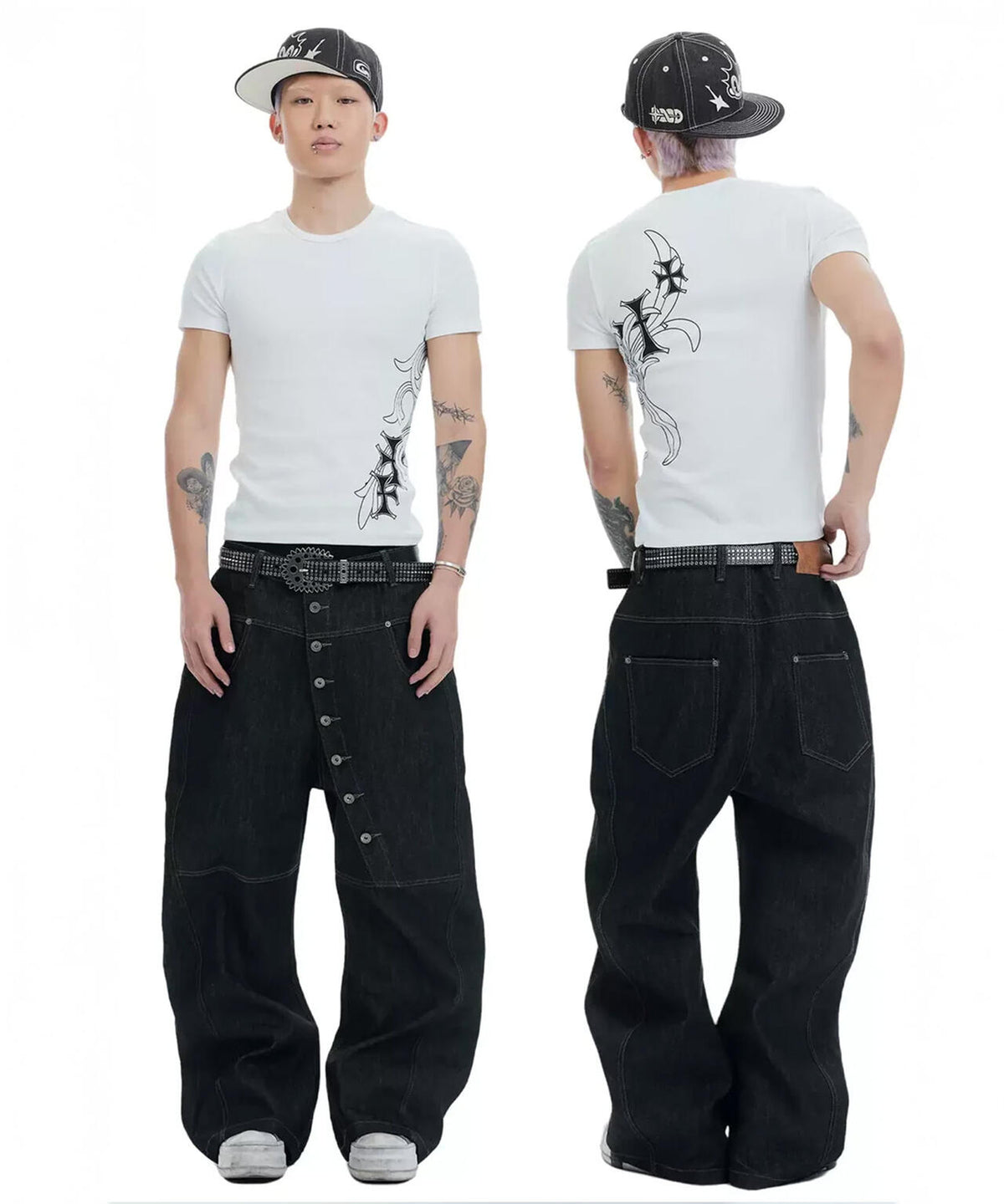 DND4DES/ディーエヌディーフォーデス/Avant-Garde Curved Button Raw Denim Jeans