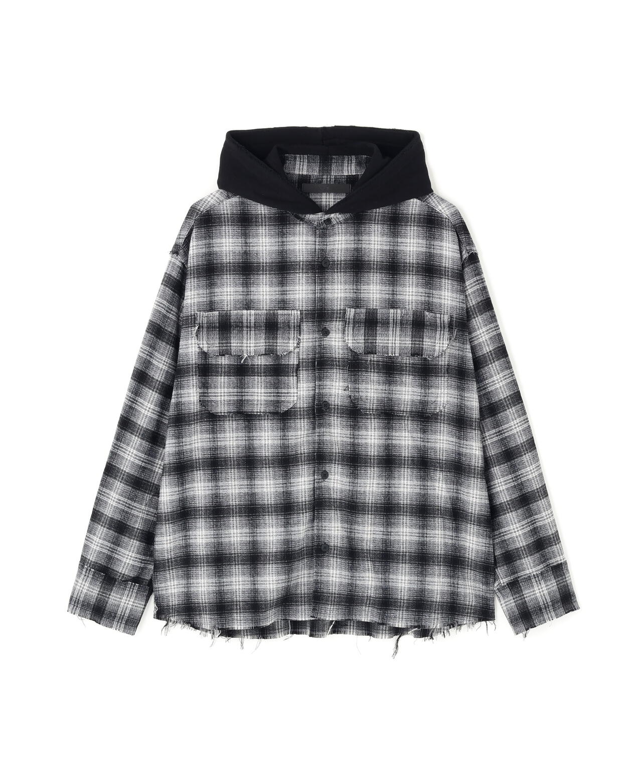 DankeSchon/ダンケシェーン/CUTOFF SWEATHOOD CHECK SHIRTS