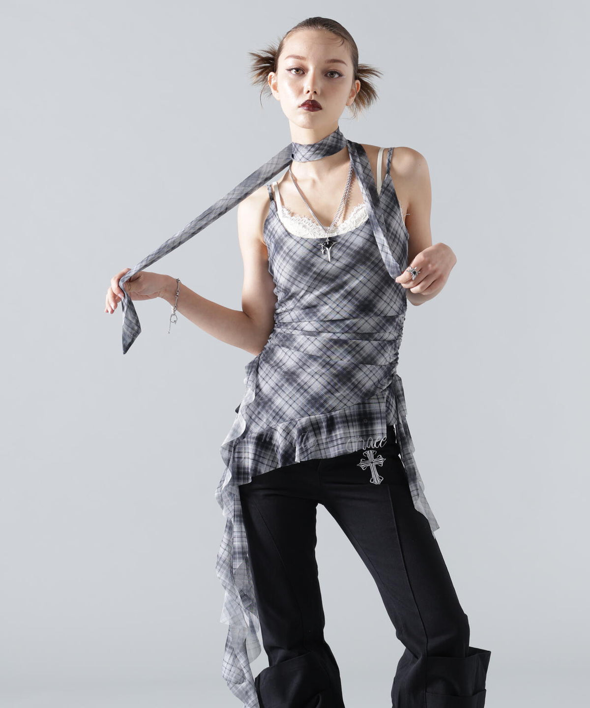 MAVYTH/メヴィス/ASYMMETRY FRILL CHECK TOP
