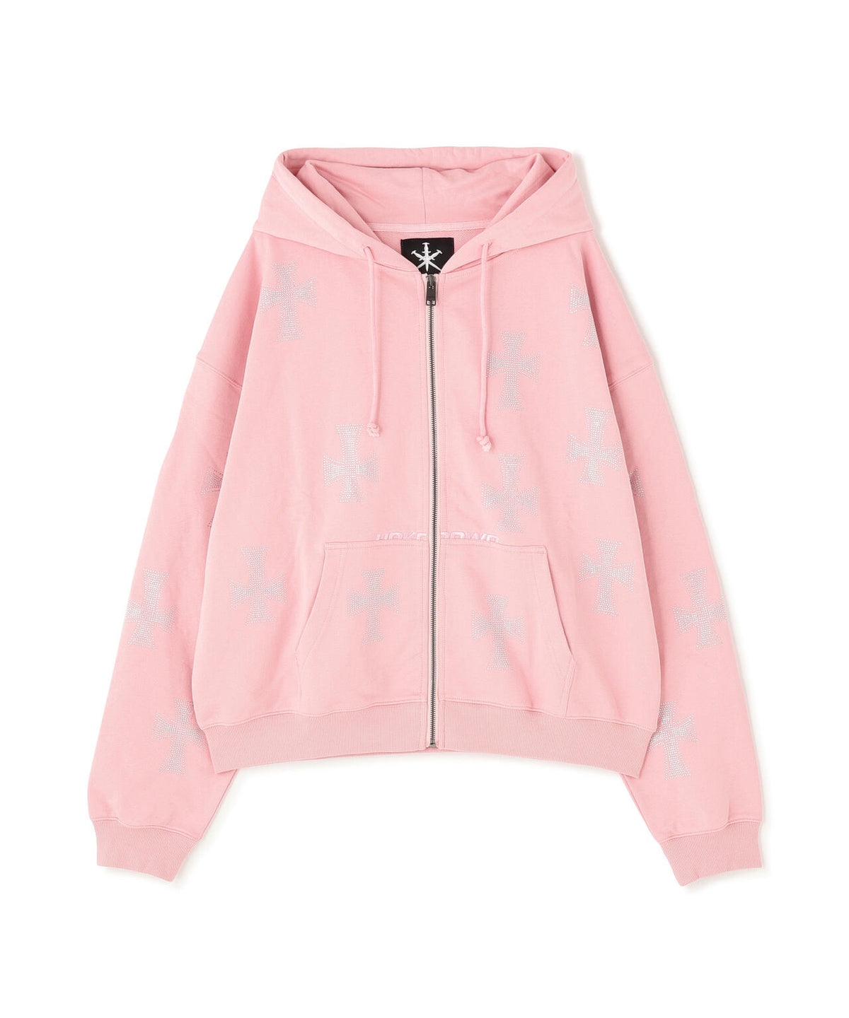 UNKNOWNLONDON/アンノウンロンドン/Pink Allover Cross Rhinestone Zip Hoodie