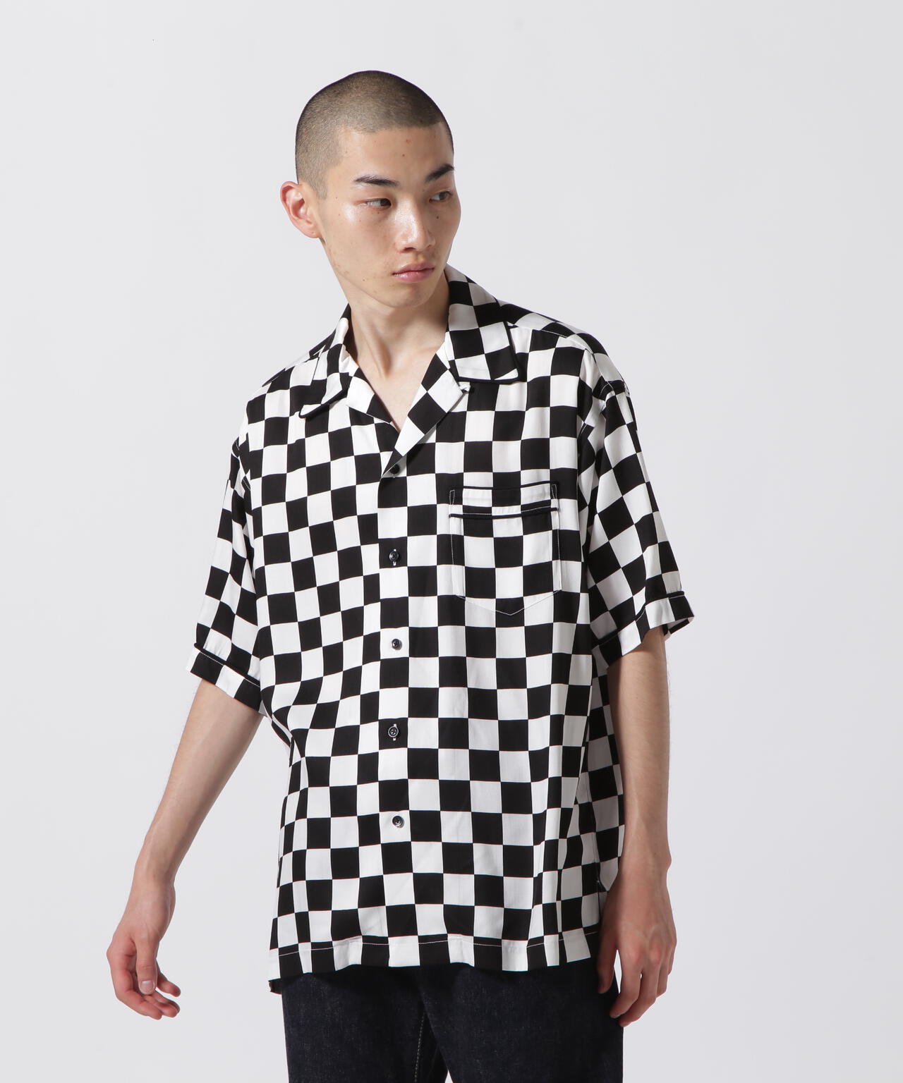 MINEDENIM(マインデニム)CU.Denim Checker flag S/S Open Collar SH