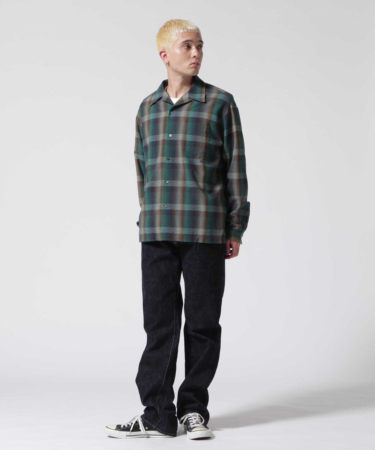 MINEDENIM(マインデニム)TWN Check Open Collar L/S SH