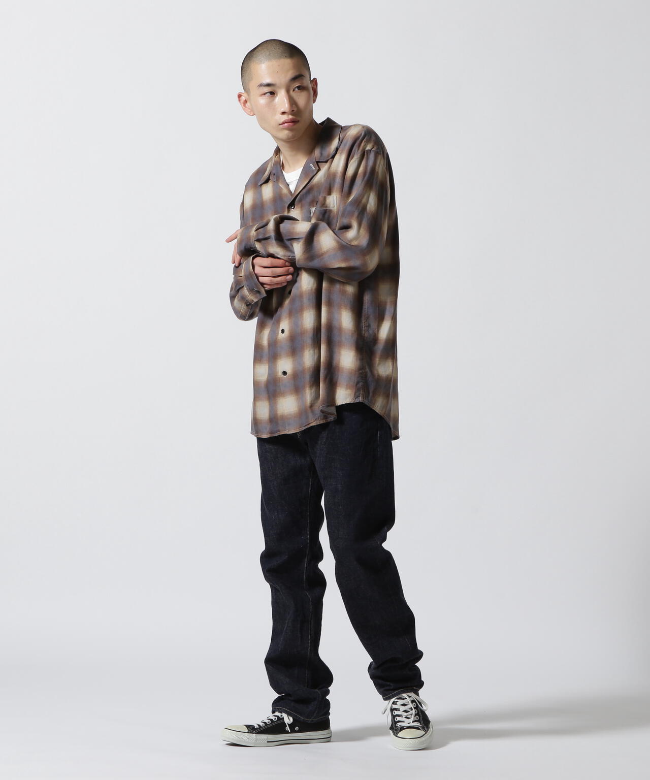 MINEDENIM / Drape Denim Ombre Check Loose Work SH