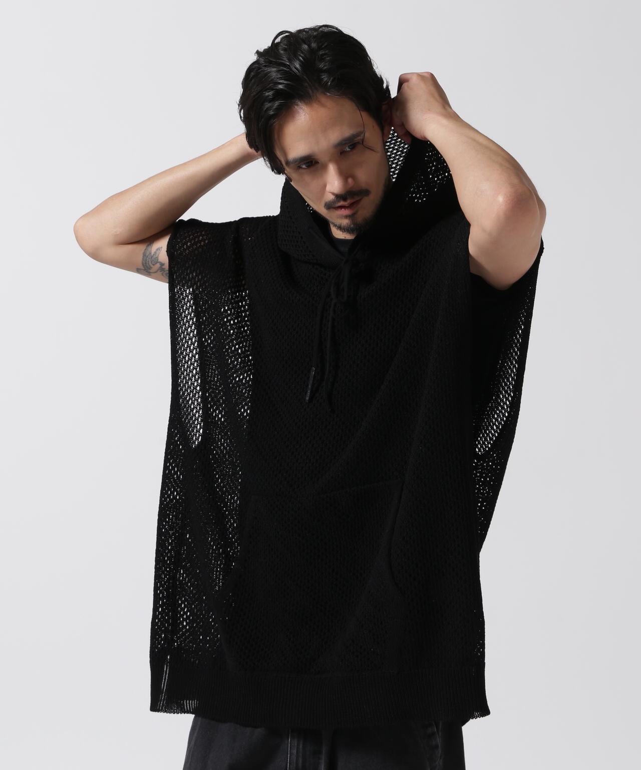 MINEDENIM(マインデニム)Heavy Mesh Knit Nosleeve Big Hoodie
